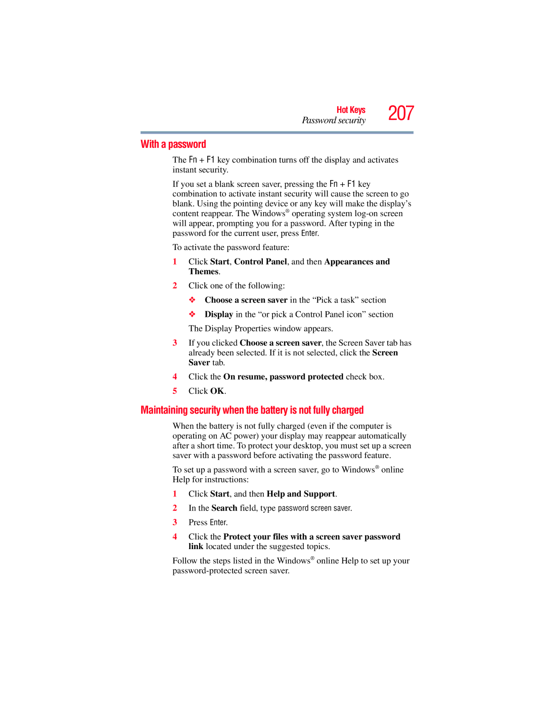 Toshiba GMAD00134010 manual With a password, Maintaining security when the battery is not fully charged 