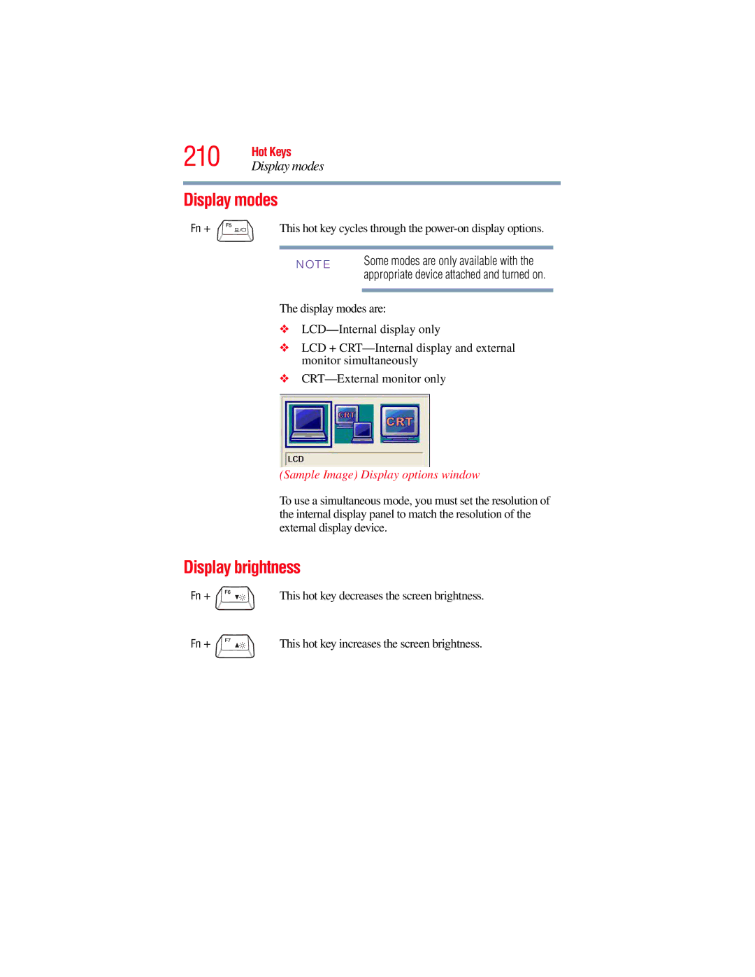 Toshiba GMAD00134010 manual Display modes, Display brightness 