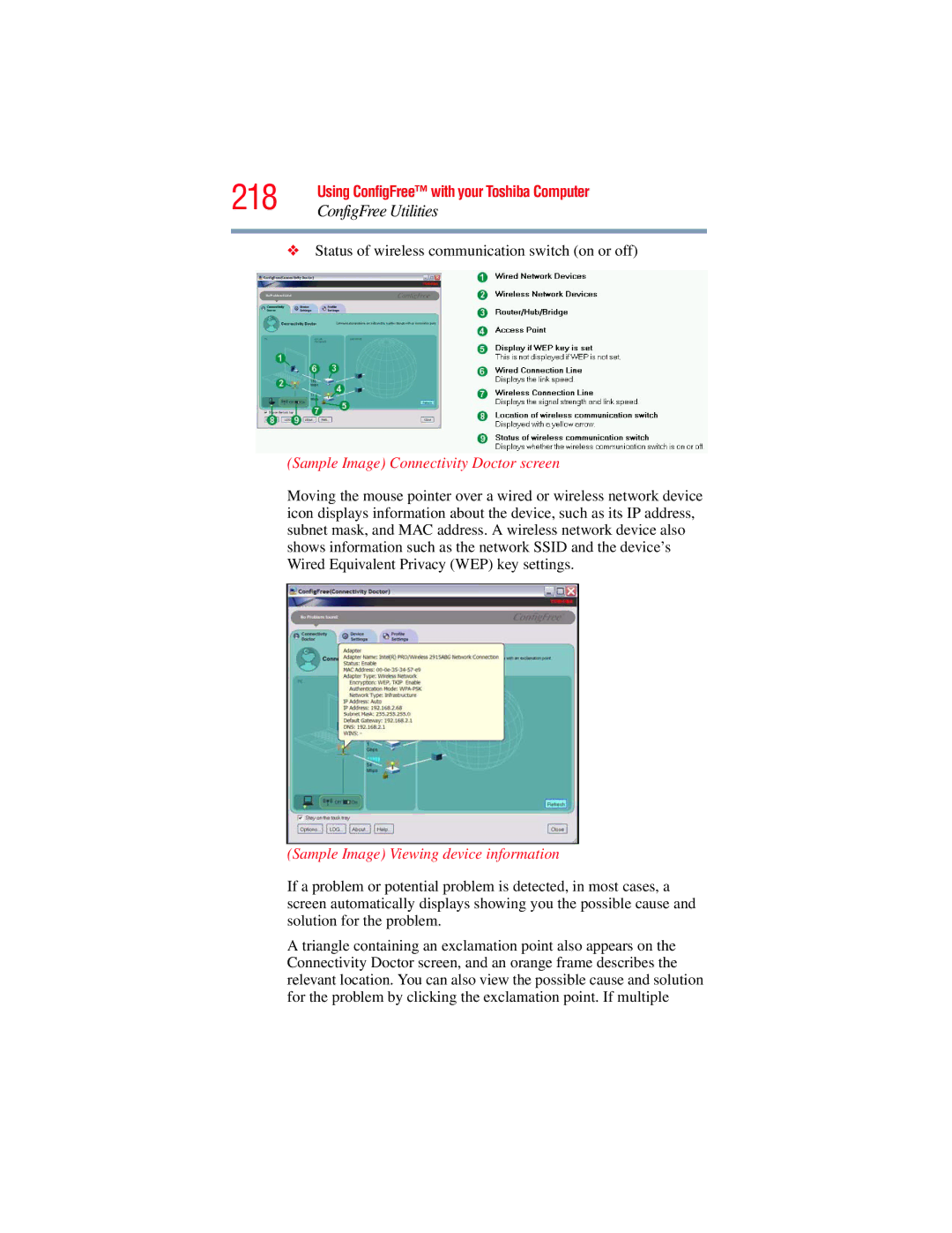 Toshiba GMAD00134010 manual 218, Sample Image Connectivity Doctor screen, Sample Image Viewing device information 