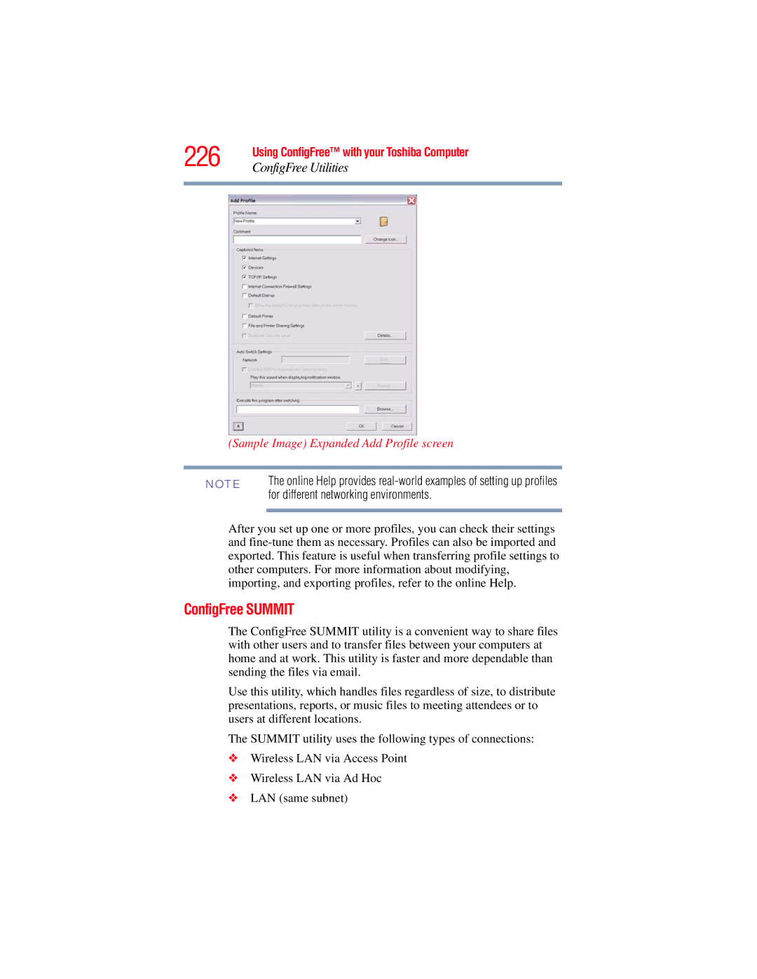 Toshiba GMAD00134010 manual 226, ConfigFree Summit, Sample Image Expanded Add Profile screen 