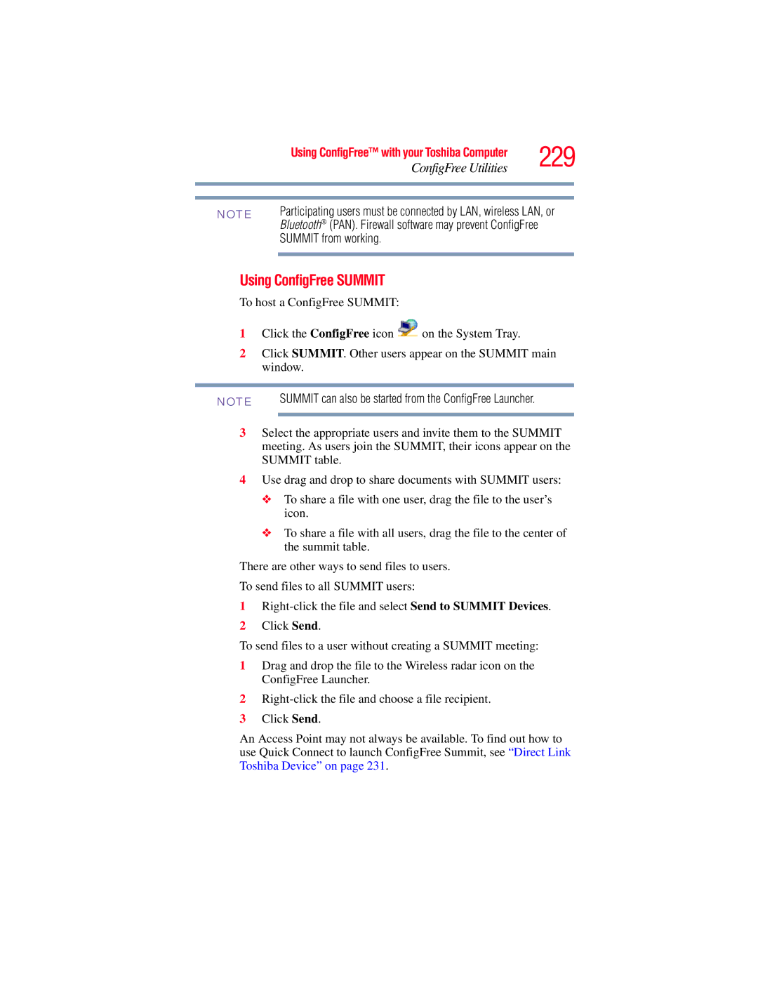 Toshiba GMAD00134010 manual Using ConfigFree Summit, Summit from working 