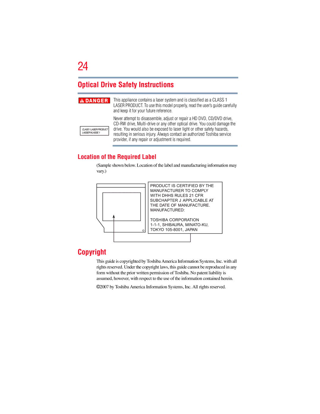 Toshiba GMAD00134010 manual Optical Drive Safety Instructions, Copyright, Location of the Required Label 