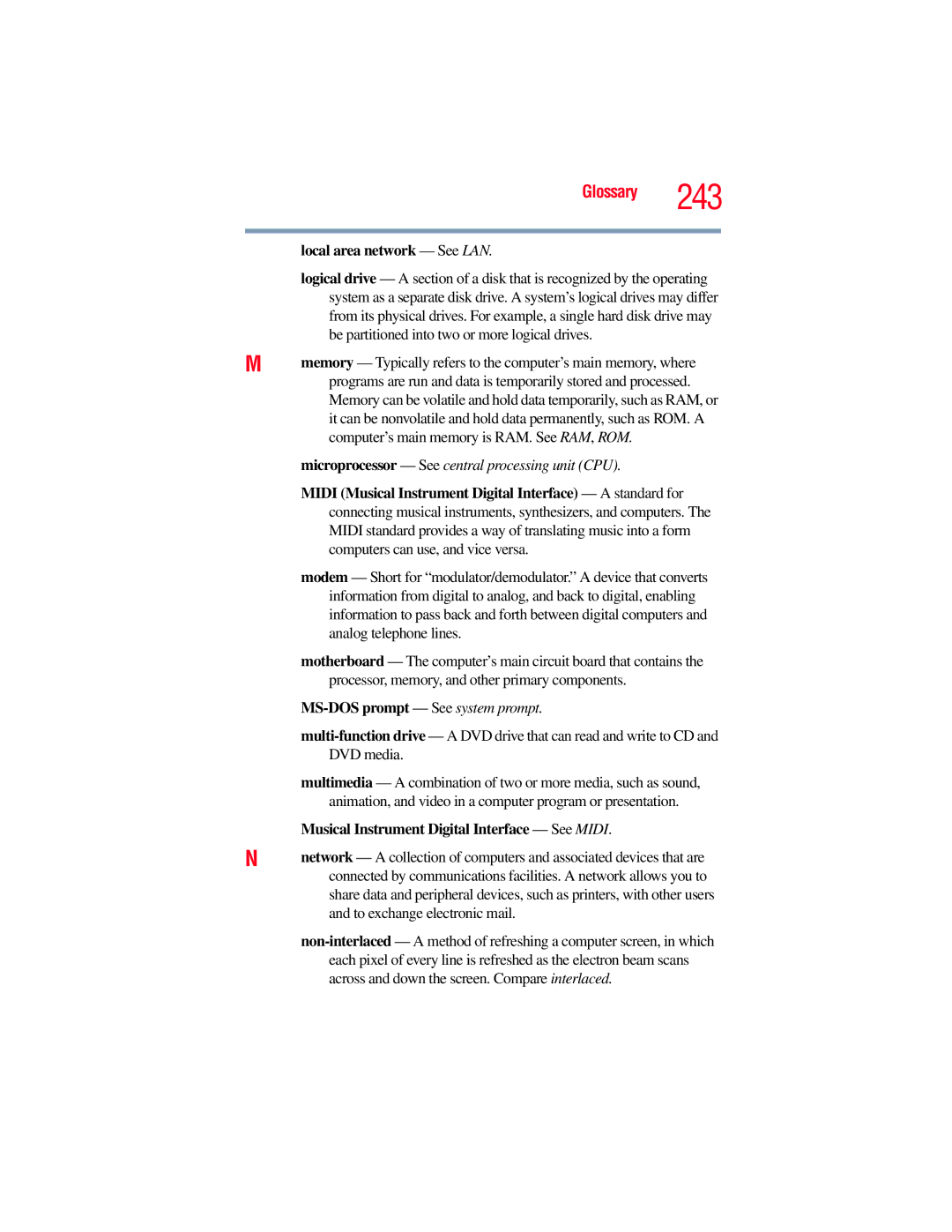 Toshiba GMAD00134010 manual Local area network See LAN, MS-DOS prompt See system prompt 