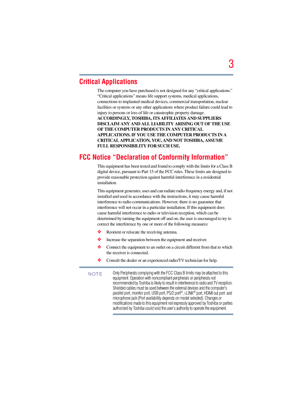 Toshiba GMAD00134010 manual Critical Applications, FCC Notice Declaration of Conformity Information 