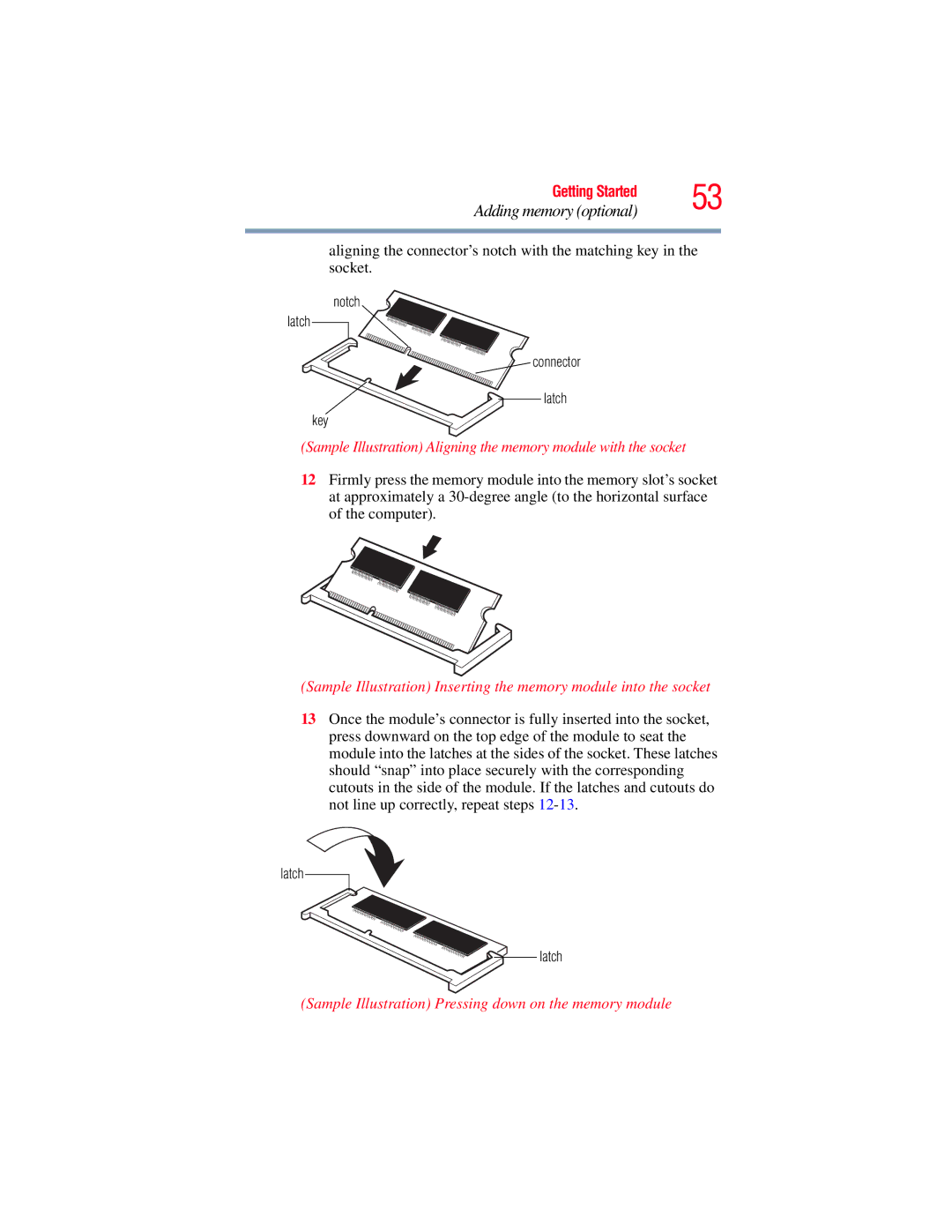 Toshiba GMAD00134010 manual Sample Illustration Pressing down on the memory module 