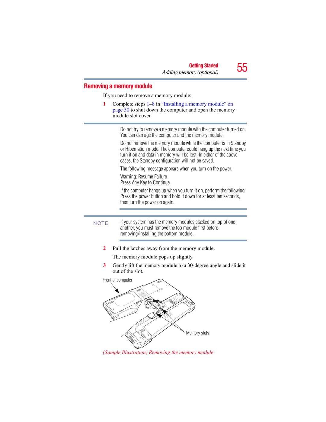 Toshiba GMAD00134010 manual Removing a memory module, Sample Illustration Removing the memory module 