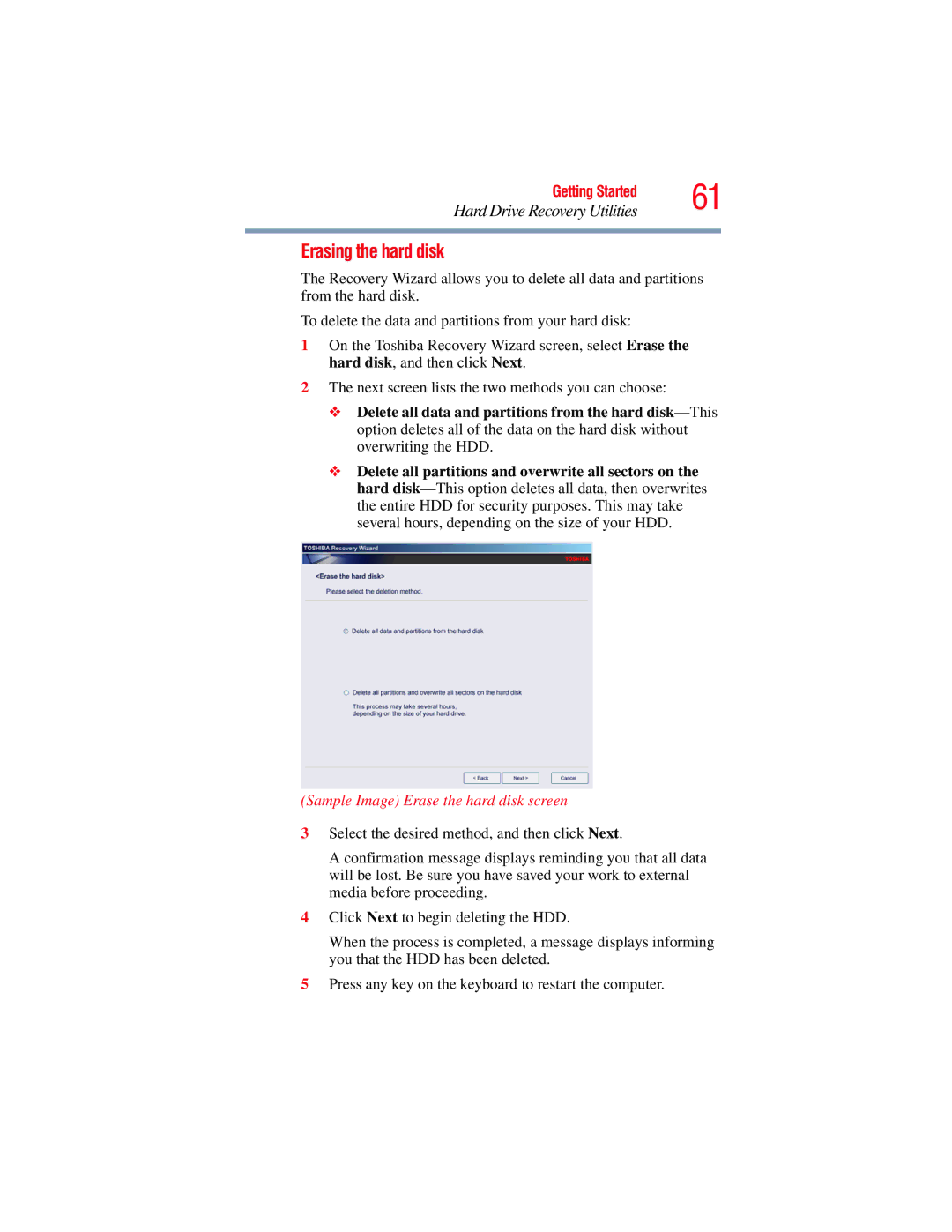 Toshiba GMAD00134010 manual Erasing the hard disk, Sample Image Erase the hard disk screen 