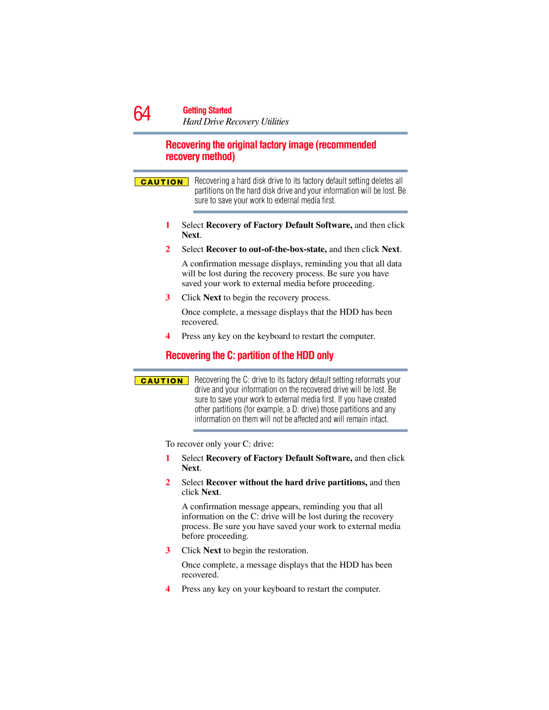 Toshiba GMAD00134010 manual Recovering the C partition of the HDD only 