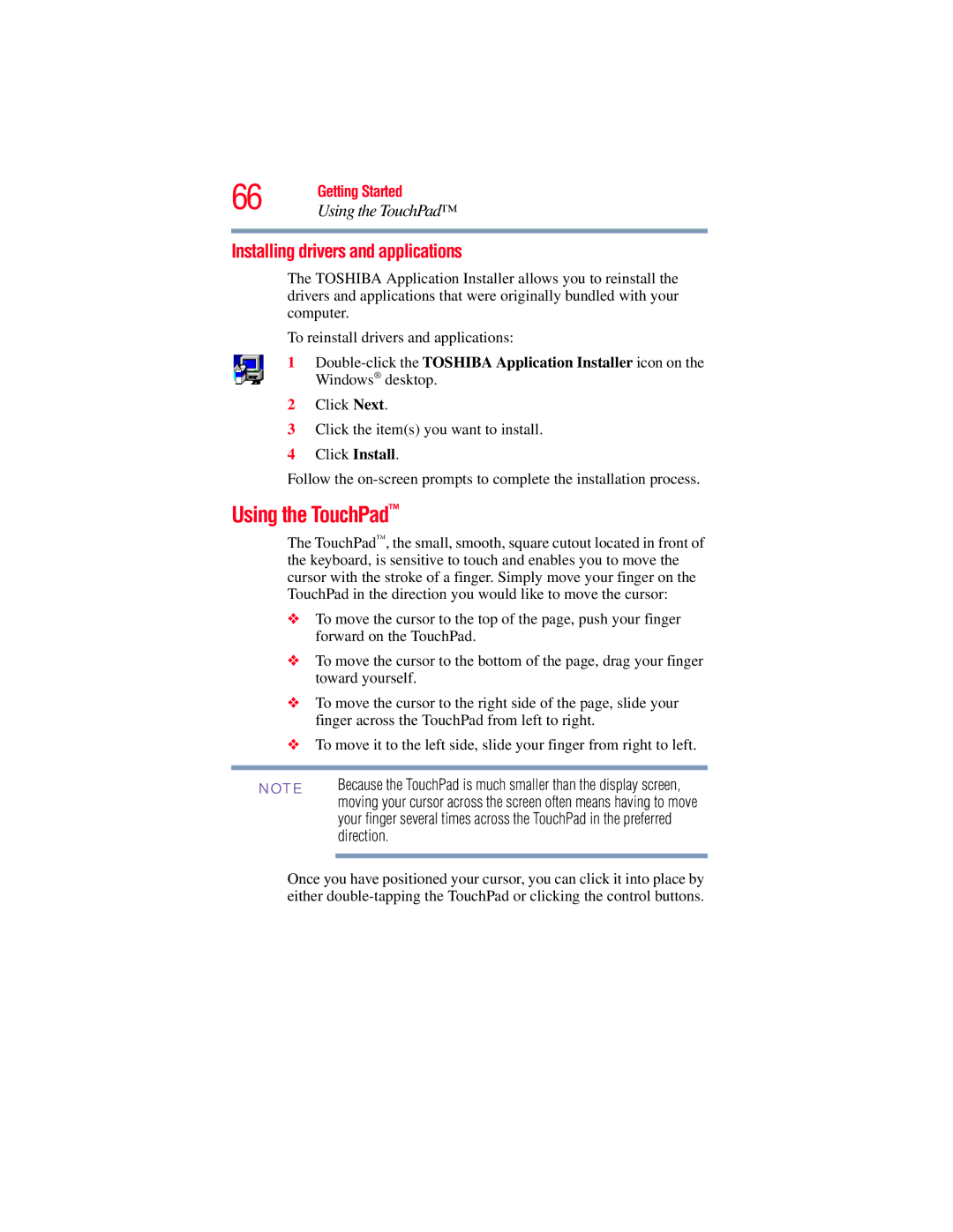 Toshiba GMAD00134010 manual Using the TouchPad, Installing drivers and applications, Direction 