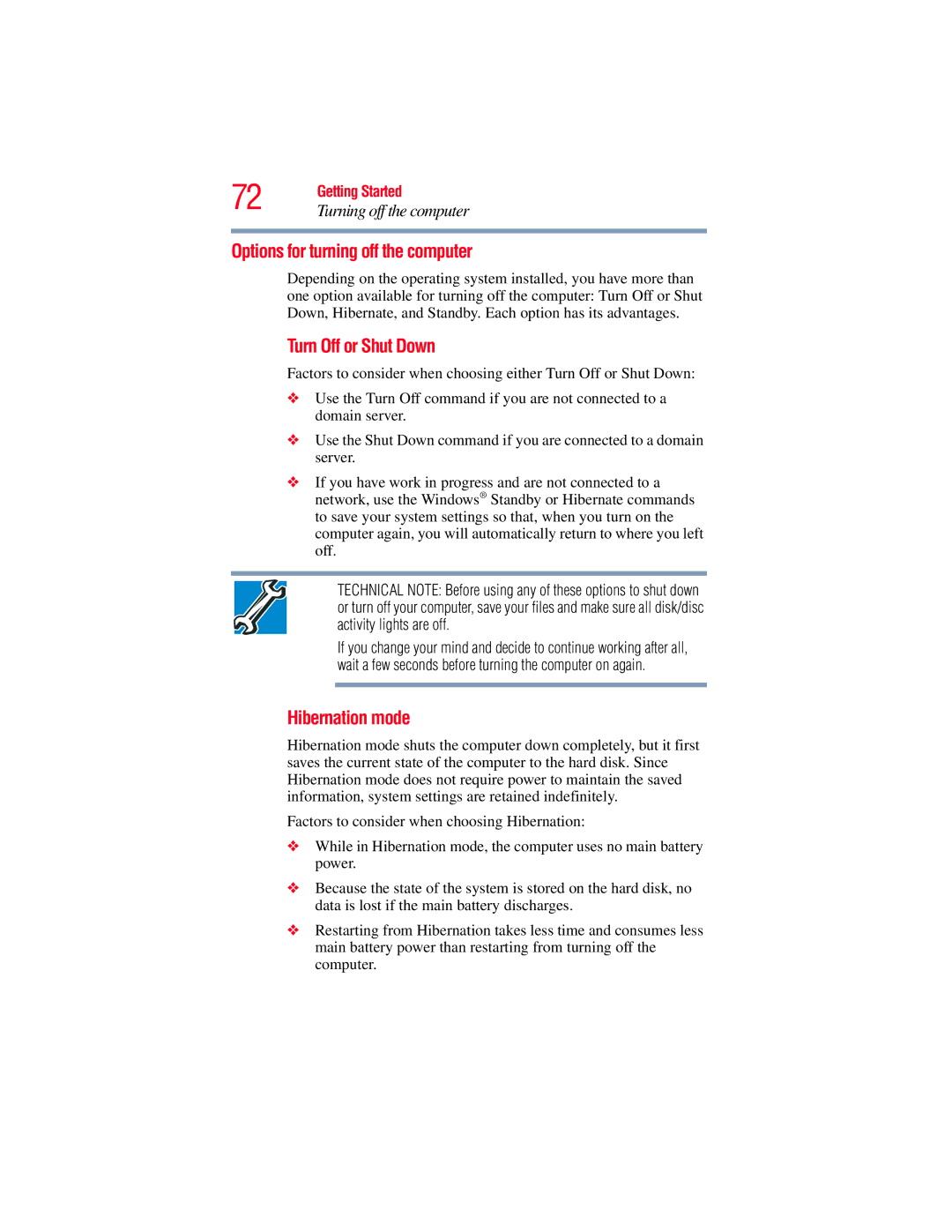 Toshiba GMAD00134010 manual Options for turning off the computer, Turn Off or Shut Down, Hibernation mode 