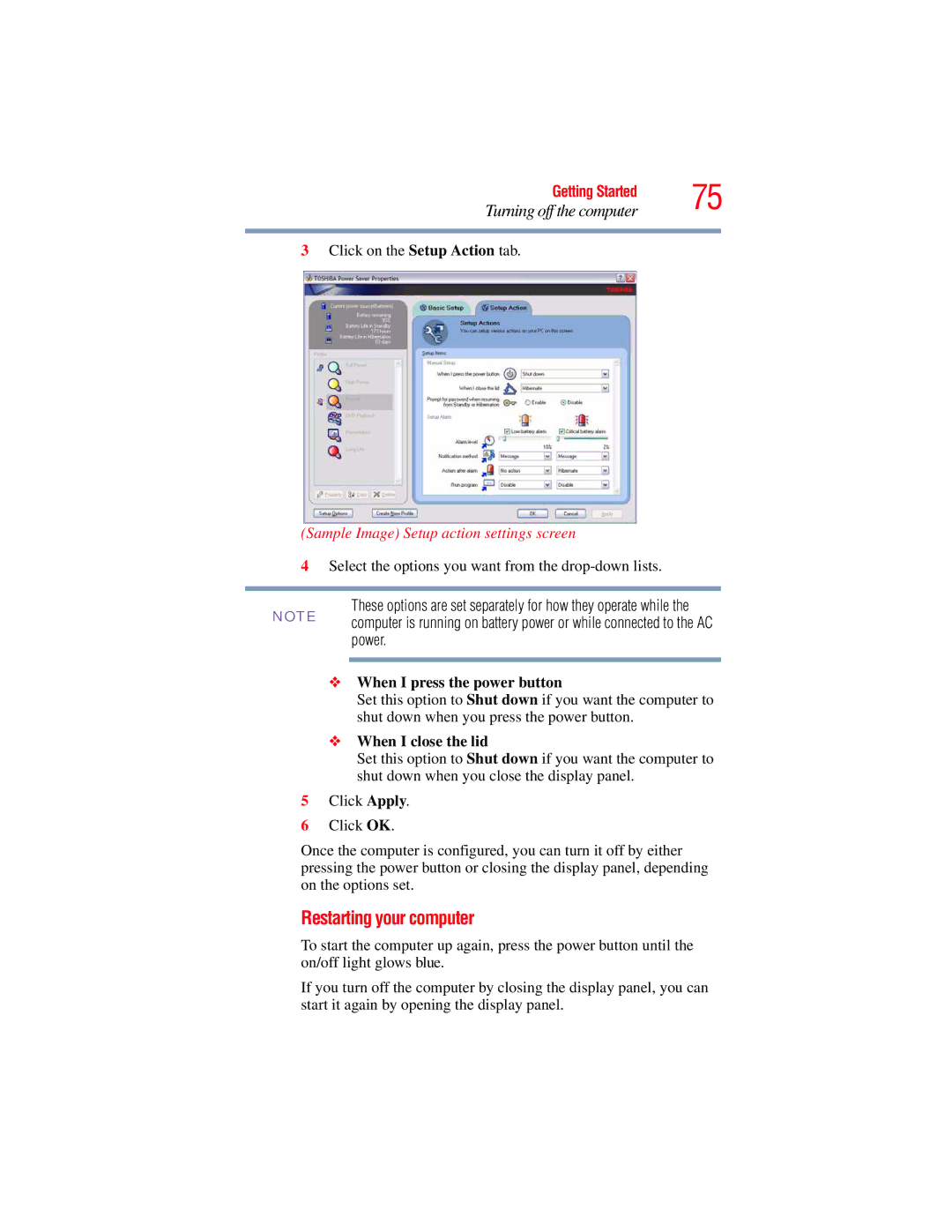 Toshiba GMAD00134010 Restarting your computer, Sample Image Setup action settings screen, When I press the power button 