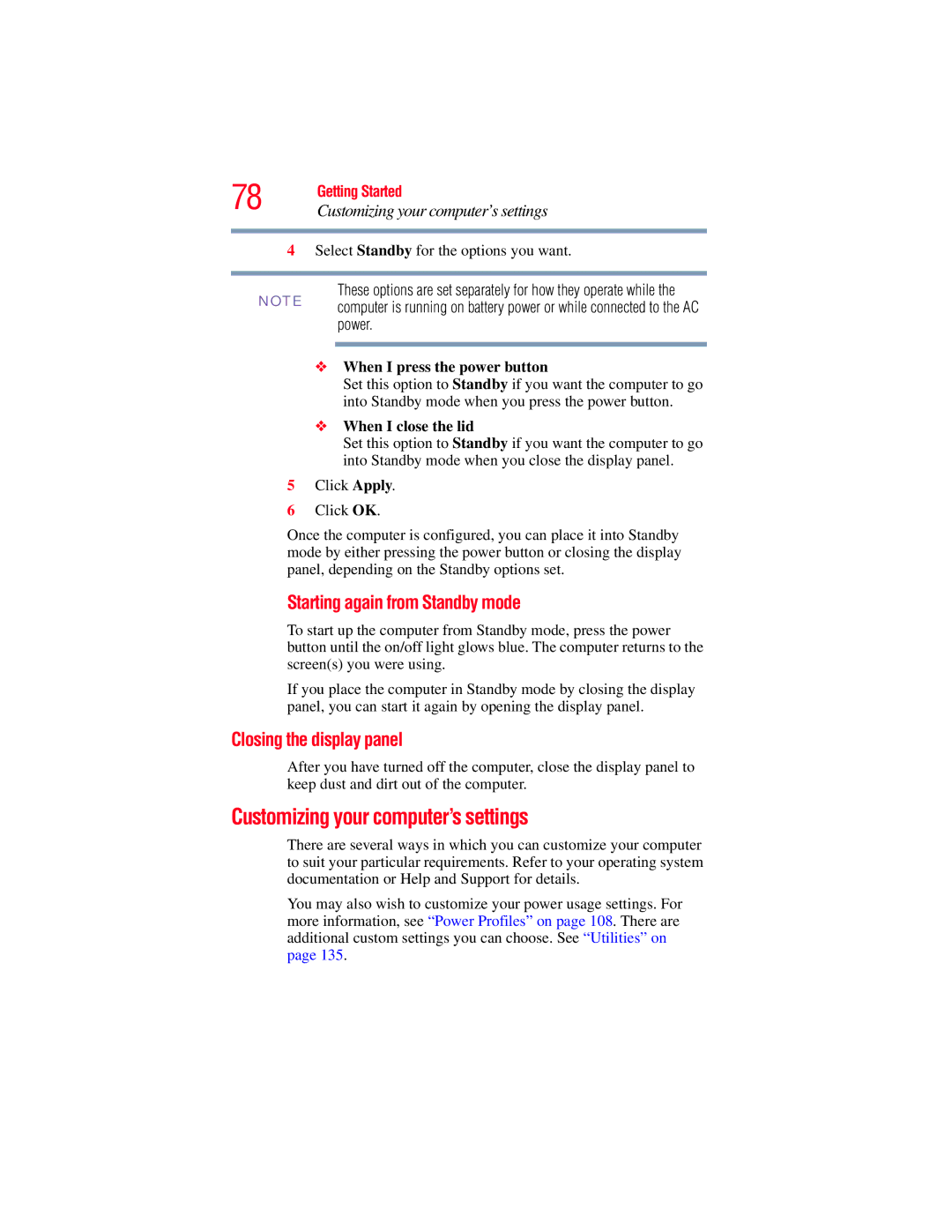 Toshiba GMAD00134010 Customizing your computer’s settings, Starting again from Standby mode, Closing the display panel 