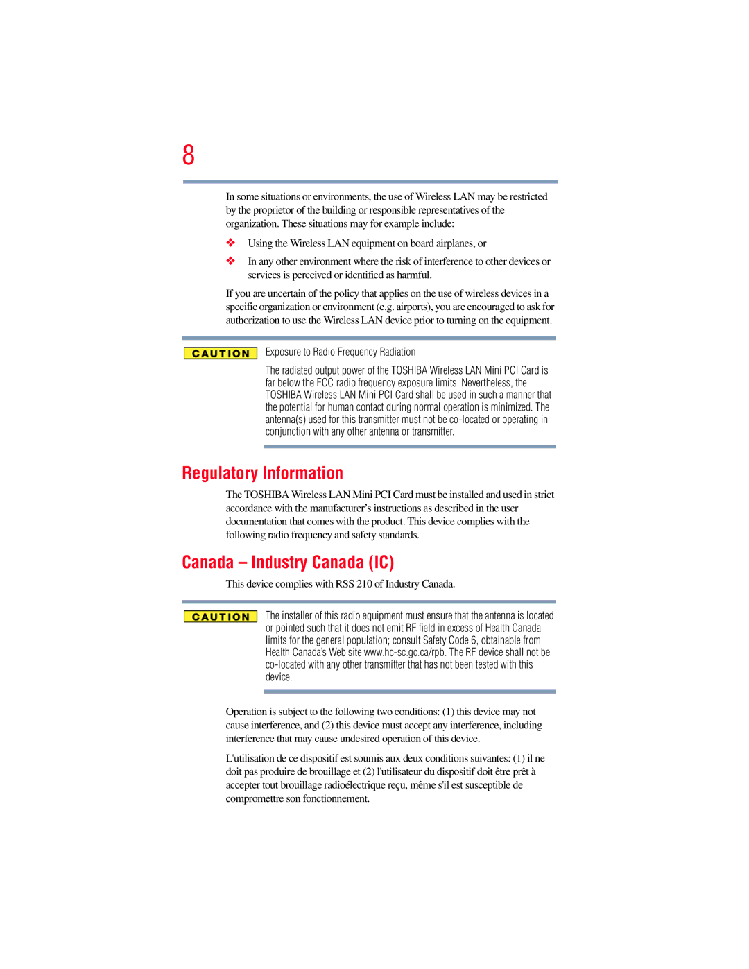 Toshiba GMAD00134010 manual Regulatory Information, Canada Industry Canada IC 