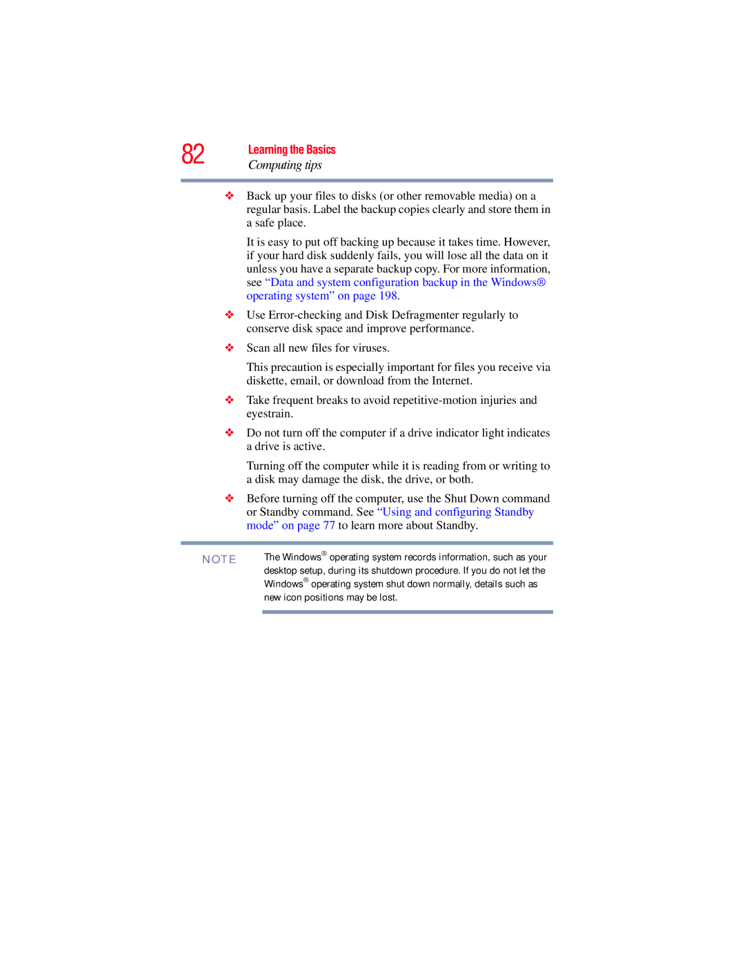 Toshiba GMAD00134010 manual Computing tips, New icon positions may be lost 