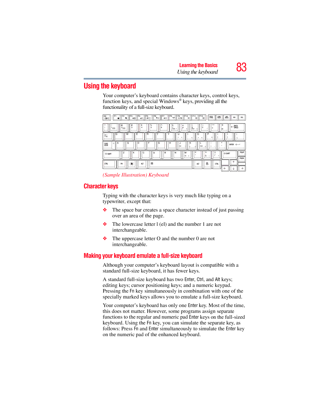 Toshiba GMAD00134010 manual Using the keyboard, Character keys, Making your keyboard emulate a full-size keyboard 