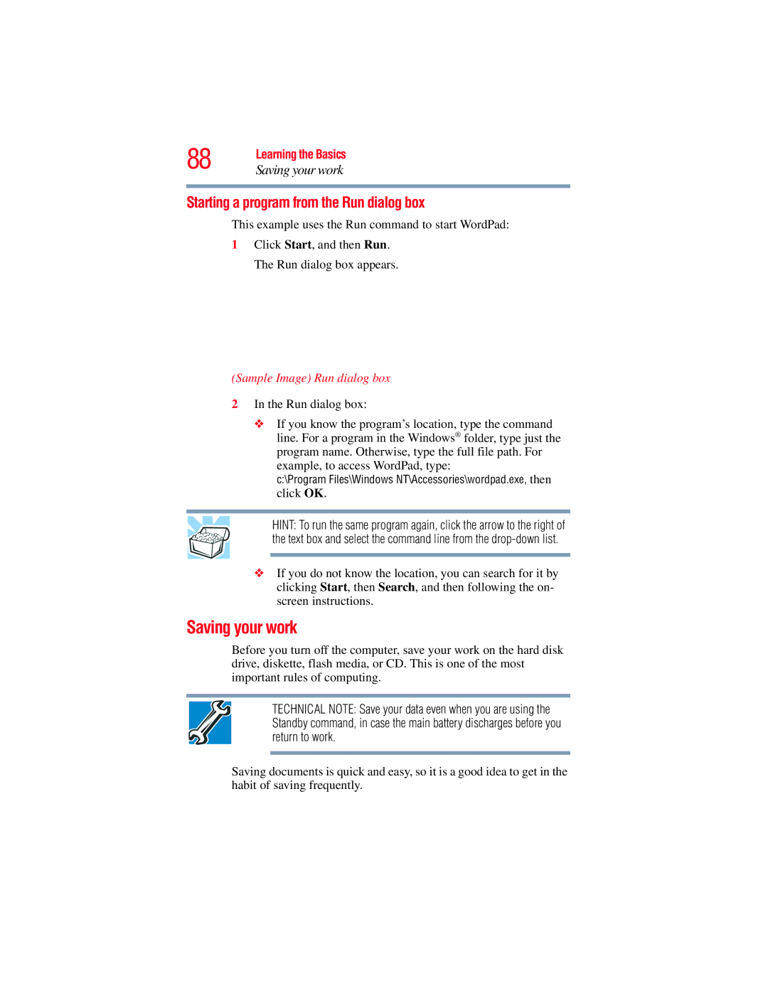 Toshiba GMAD00134010 manual Saving your work, Starting a program from the Run dialog box, Sample Image Run dialog box 