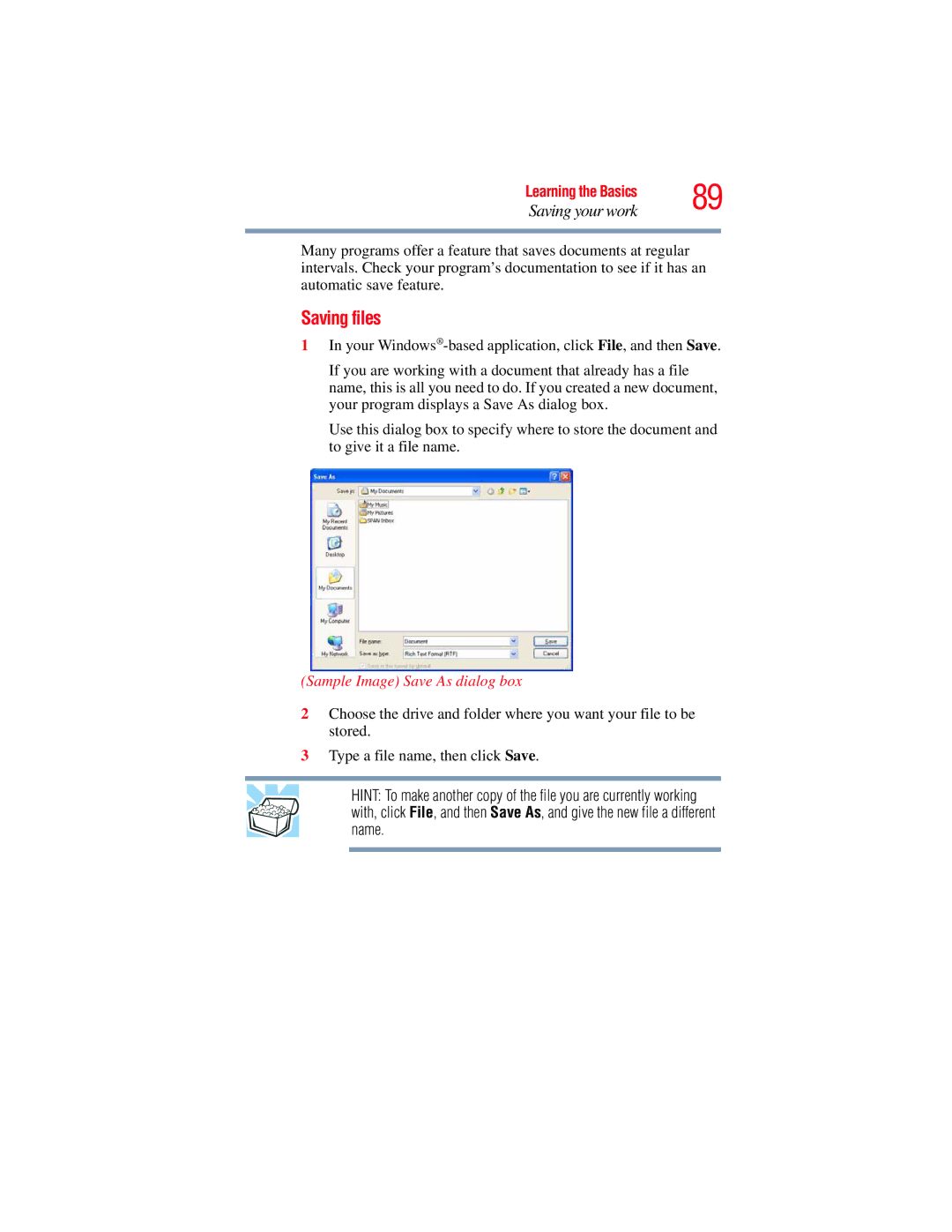 Toshiba GMAD00134010 manual Saving files, Sample Image Save As dialog box 