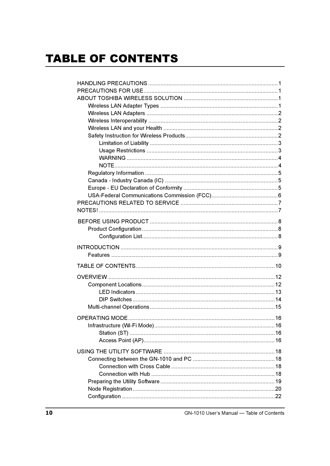 Toshiba GN-1010 manual Table of Contents 