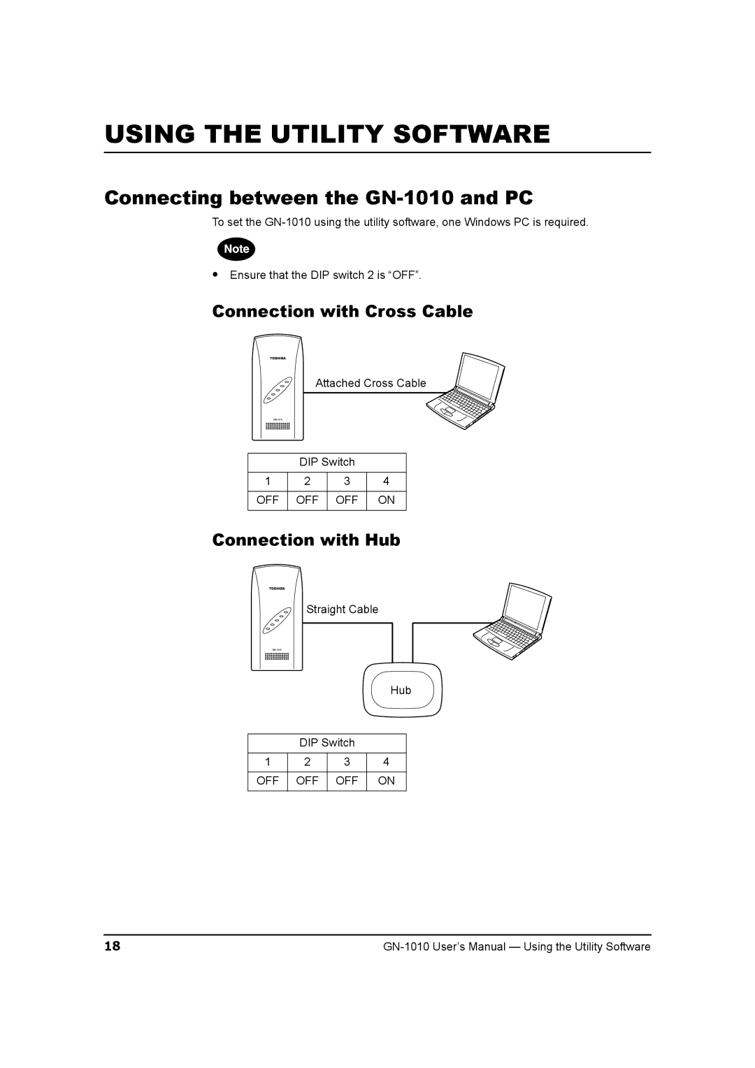 Toshiba manual Using the Utility Software, Connecting between the GN-1010 and PC, Connection with Cross Cable 