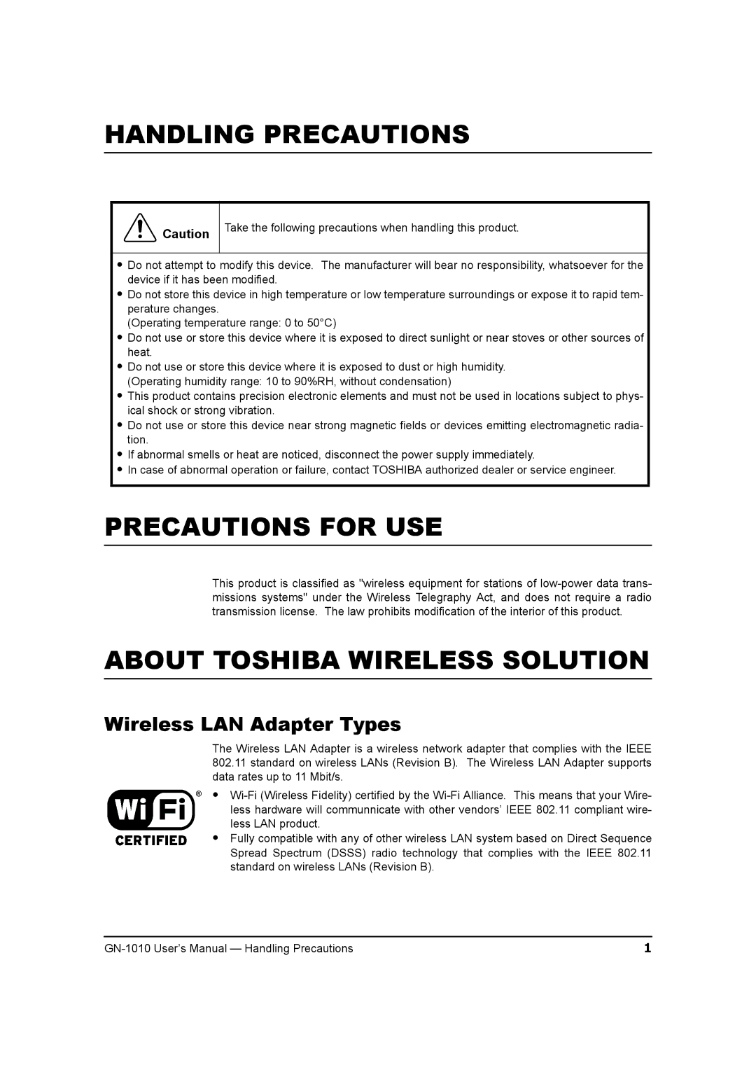 Toshiba GN-1010 Handling Precautions, Precautions for USE, About Toshiba Wireless Solution, Wireless LAN Adapter Types 