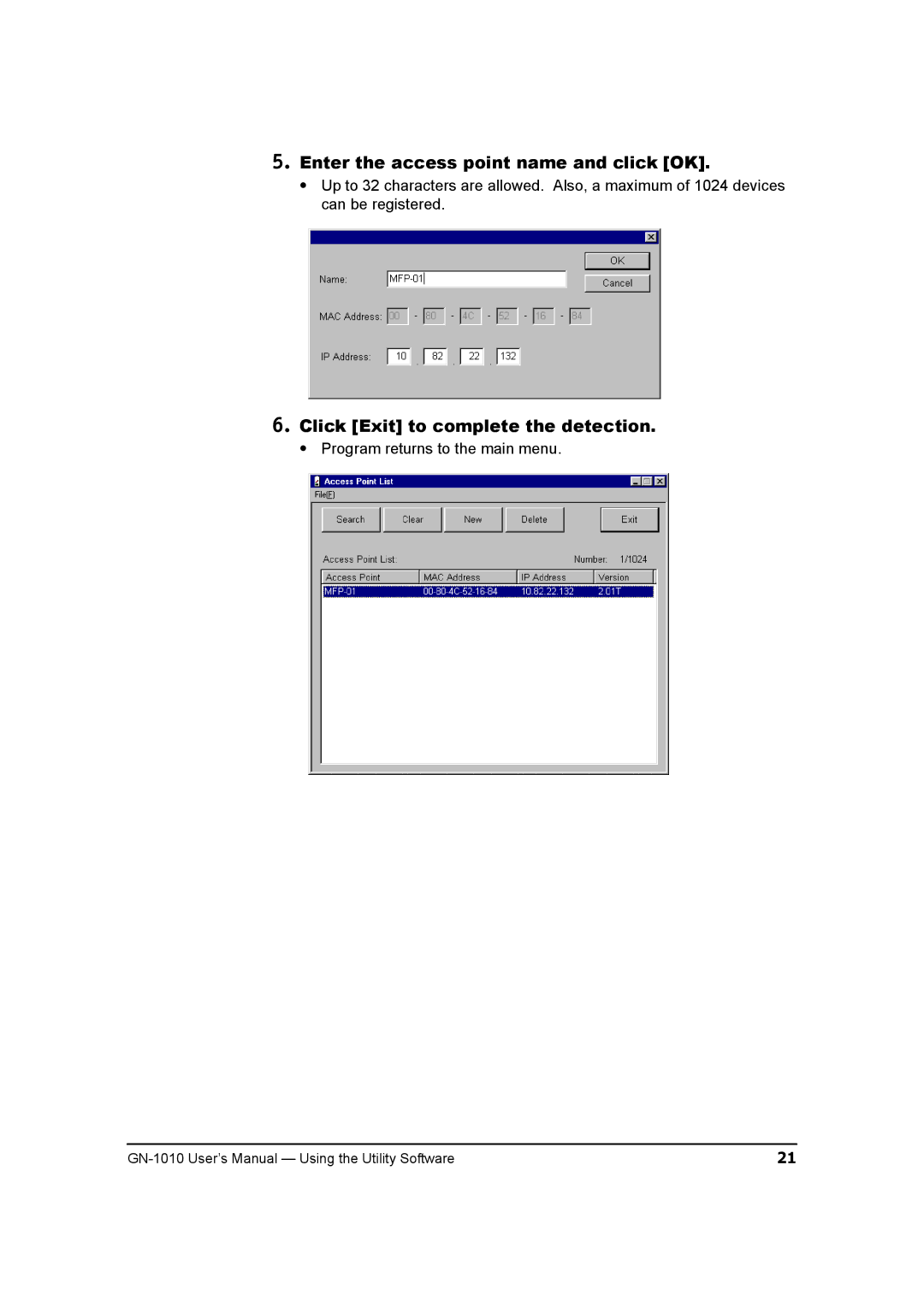 Toshiba GN-1010 manual Enter the access point name and click OK, Click Exit to complete the detection 