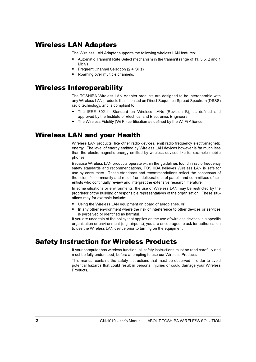 Toshiba GN-1010 manual Wireless LAN Adapters, Wireless Interoperability, Wireless LAN and your Health 