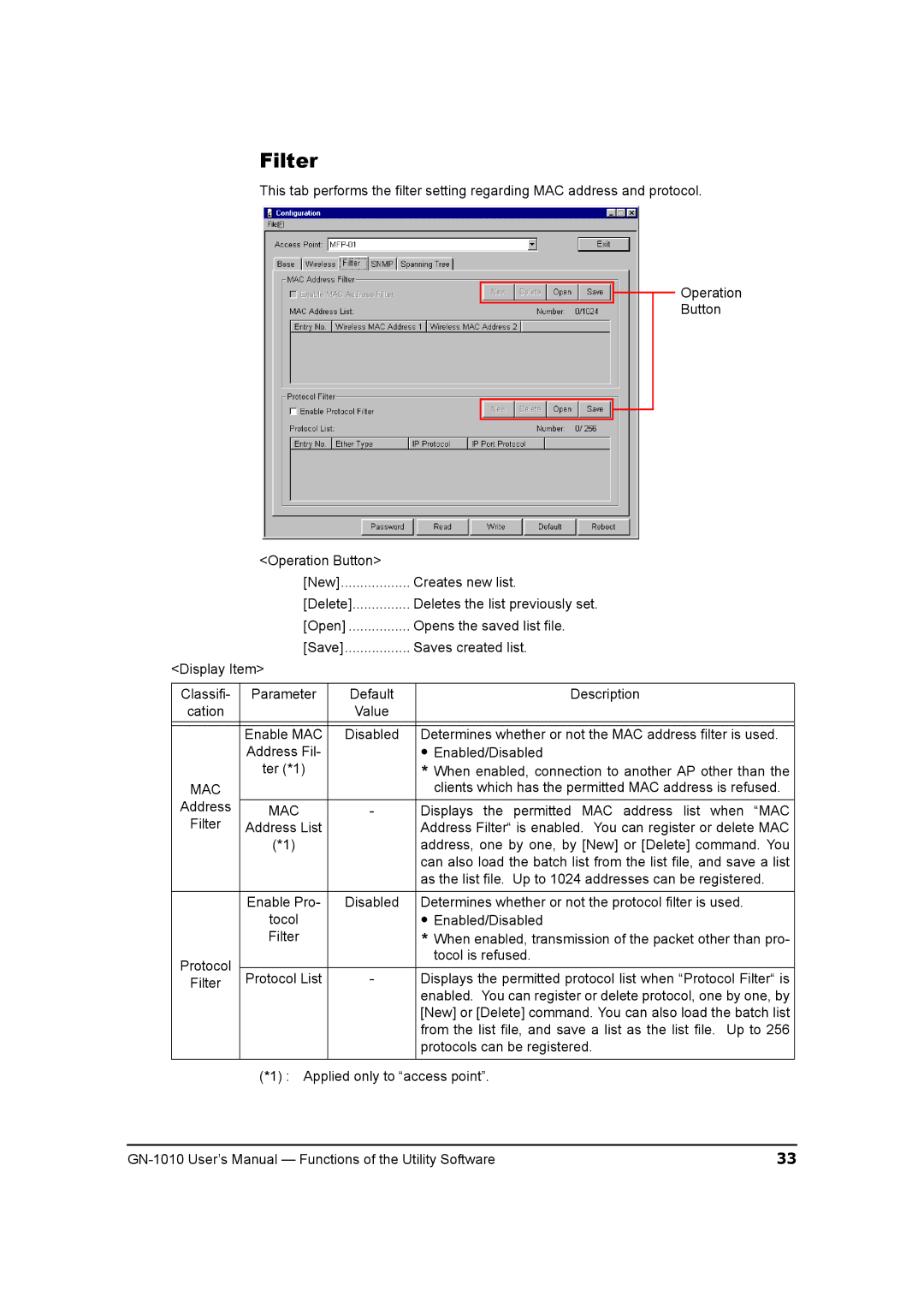 Toshiba GN-1010 manual Filter, Mac 