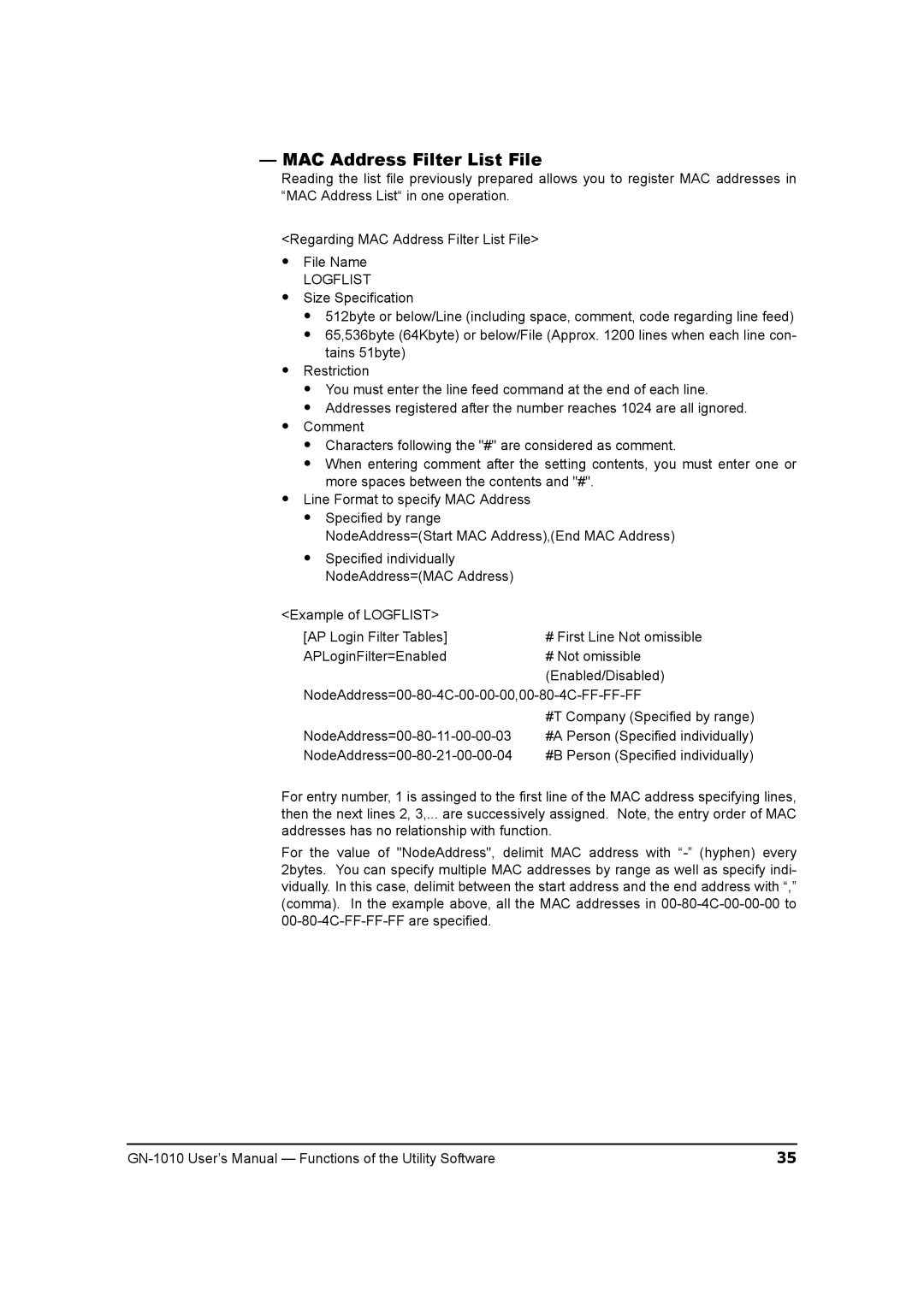 Toshiba GN-1010 manual MAC Address Filter List File, Logflist 