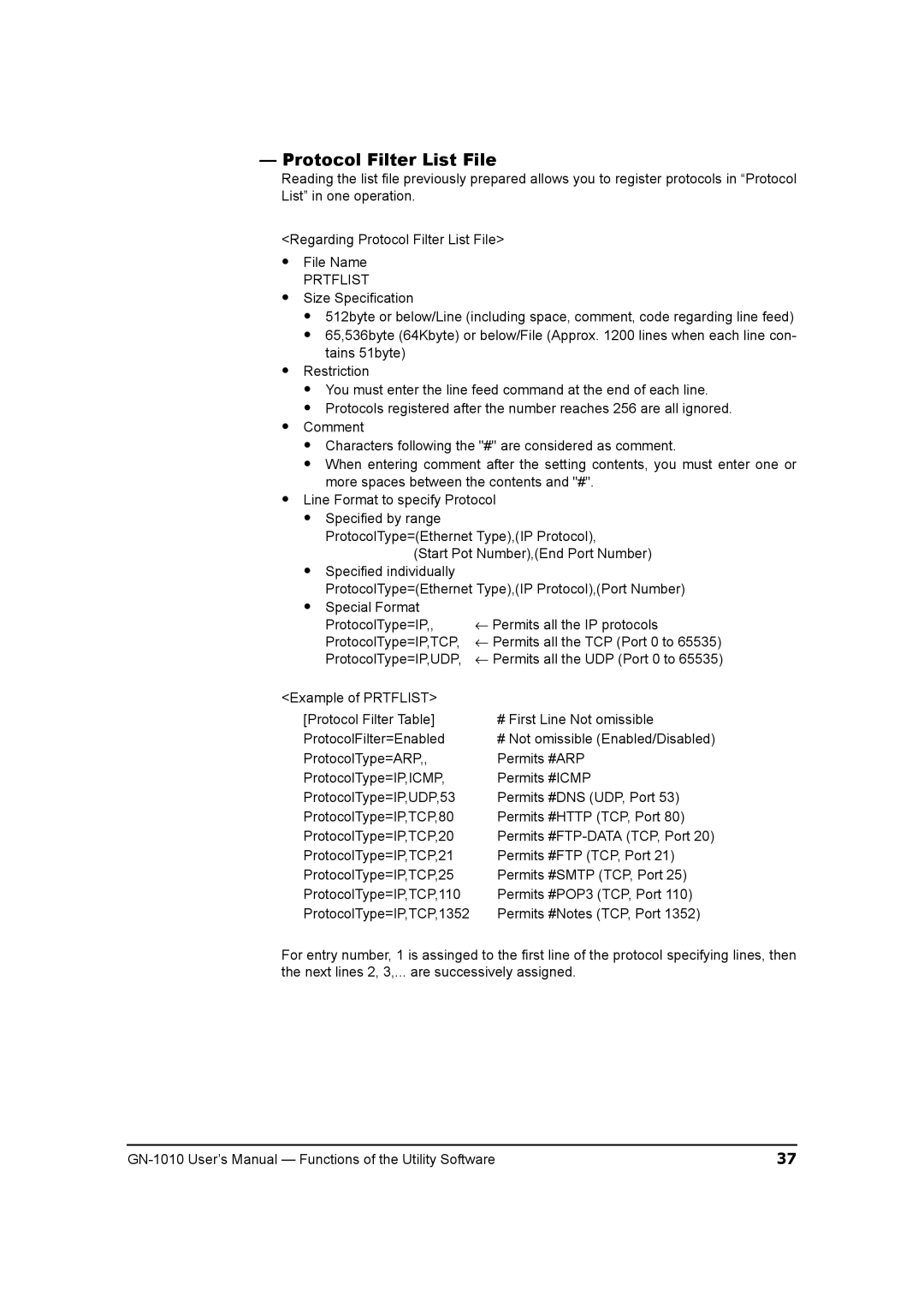 Toshiba GN-1010 manual Protocol Filter List File, Prtflist 