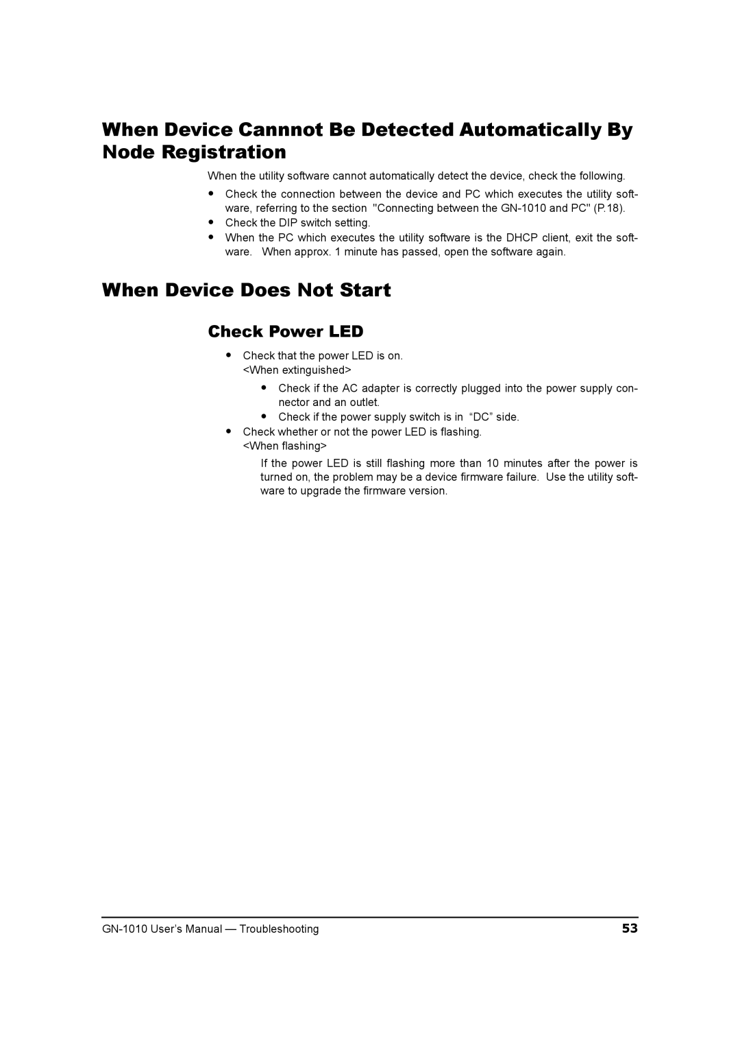 Toshiba GN-1010 manual When Device Does Not Start, Check Power LED 