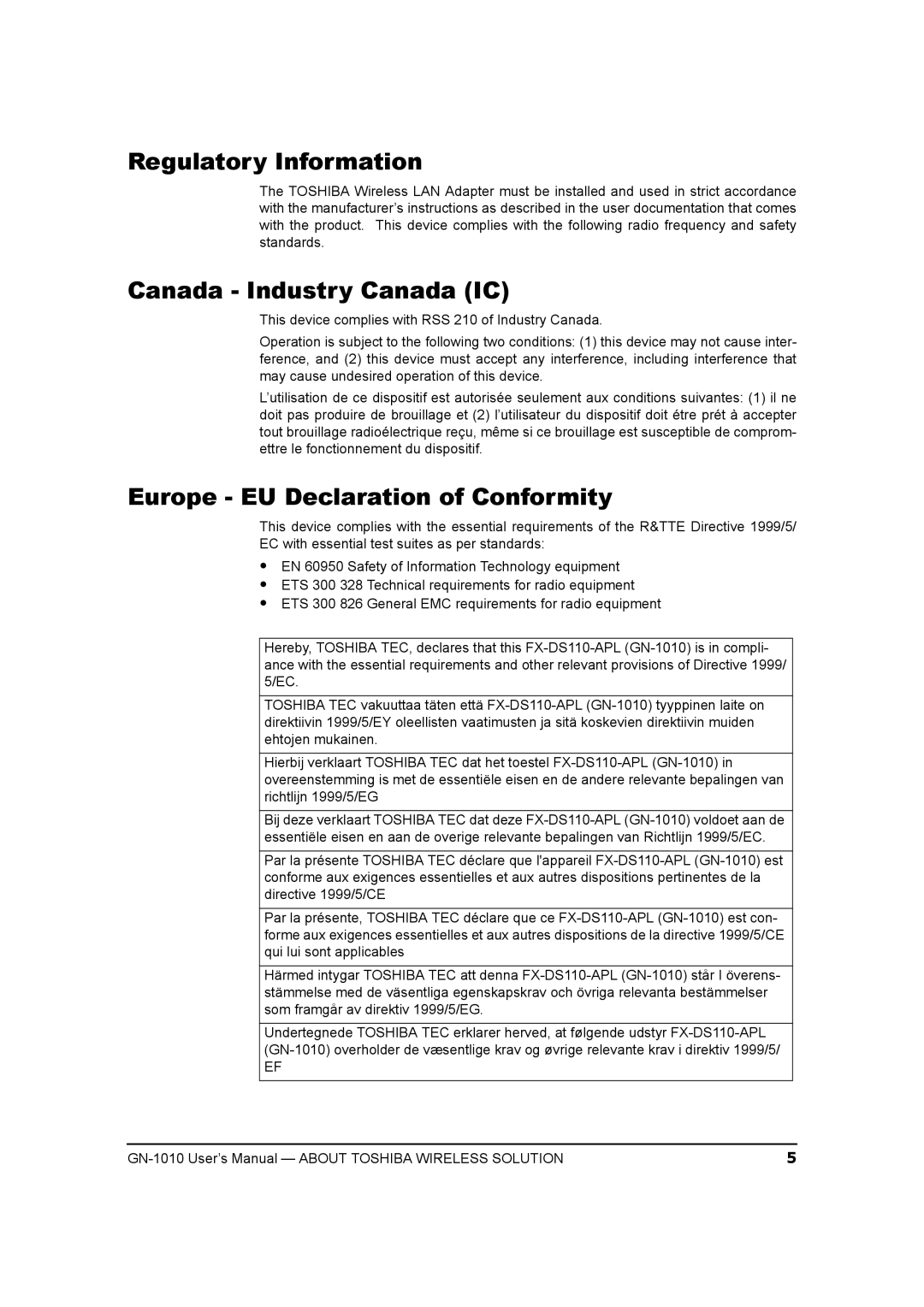 Toshiba GN-1010 manual Regulatory Information, Canada Industry Canada IC, Europe EU Declaration of Conformity 