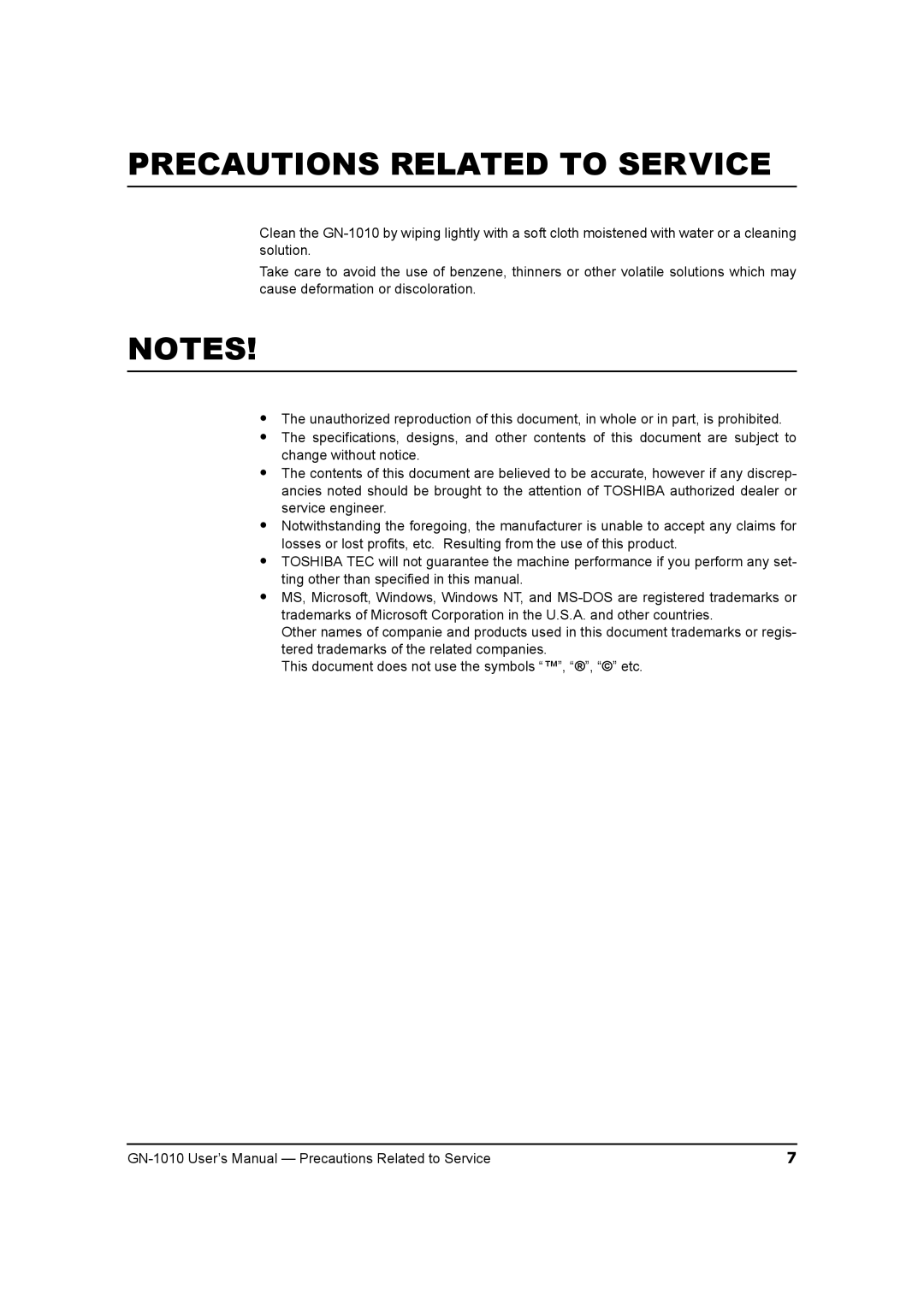 Toshiba GN-1010 manual Precautions Related to Service 