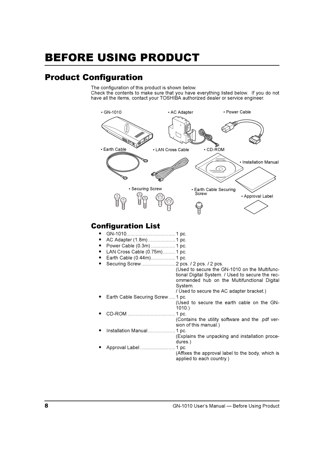 Toshiba GN-1010 manual Before Using Product, Product Configuration, Configuration List, Cd-Rom 