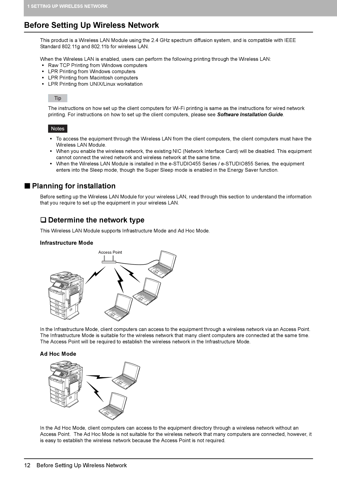 Toshiba GN-1050 manual Before Setting Up Wireless Network, „ Planning for installation, ‰ Determine the network type 