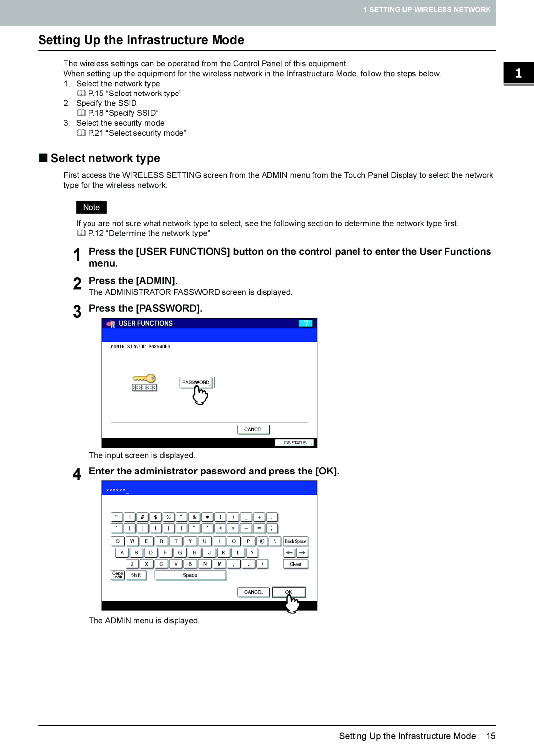 Toshiba GN-1050 manual Setting Up the Infrastructure Mode, „ Select network type, Press the Password 