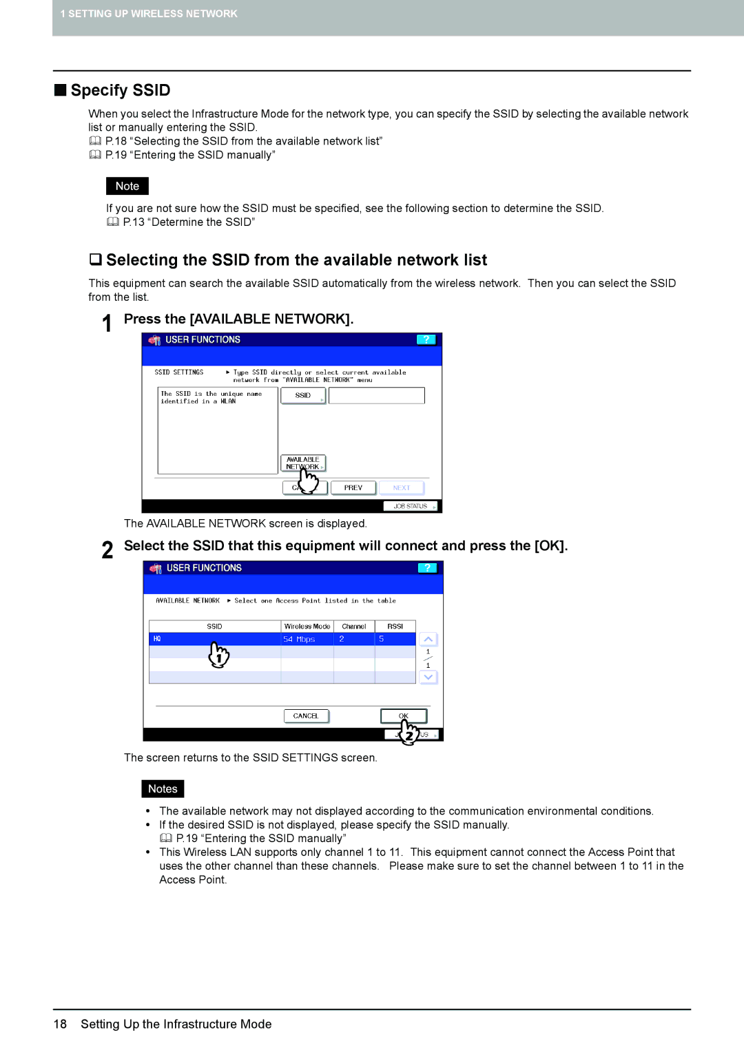 Toshiba GN-1050 manual „ Specify Ssid, ‰ Selecting the Ssid from the available network list, Press the Available Network 