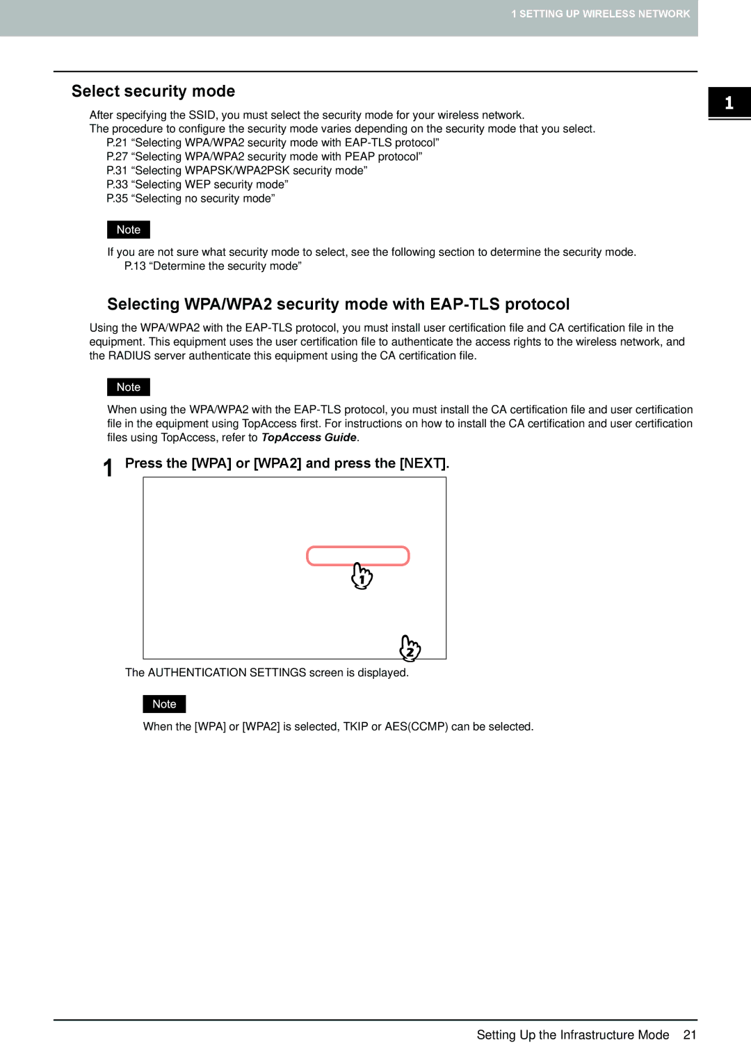 Toshiba GN-1050 manual „ Select security mode, ‰ Selecting WPA/WPA2 security mode with EAP-TLS protocol 