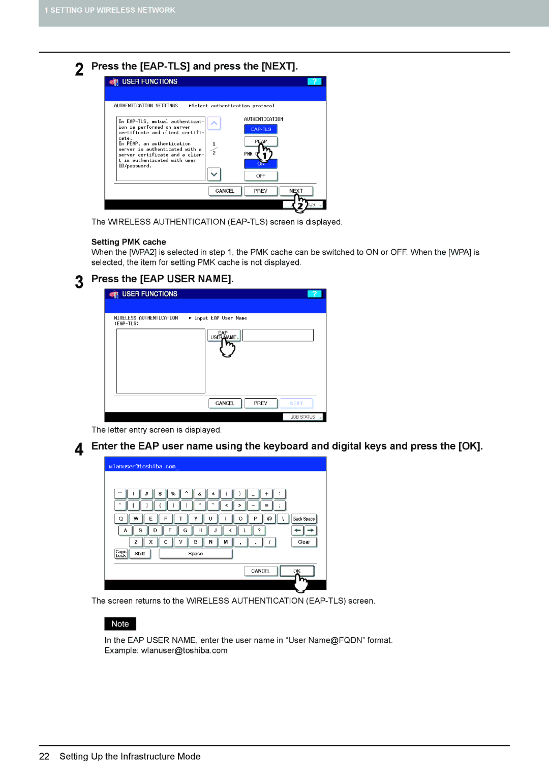 Toshiba GN-1050 manual Press the EAP-TLS and press the Next, Press the EAP User Name, Setting PMK cache 