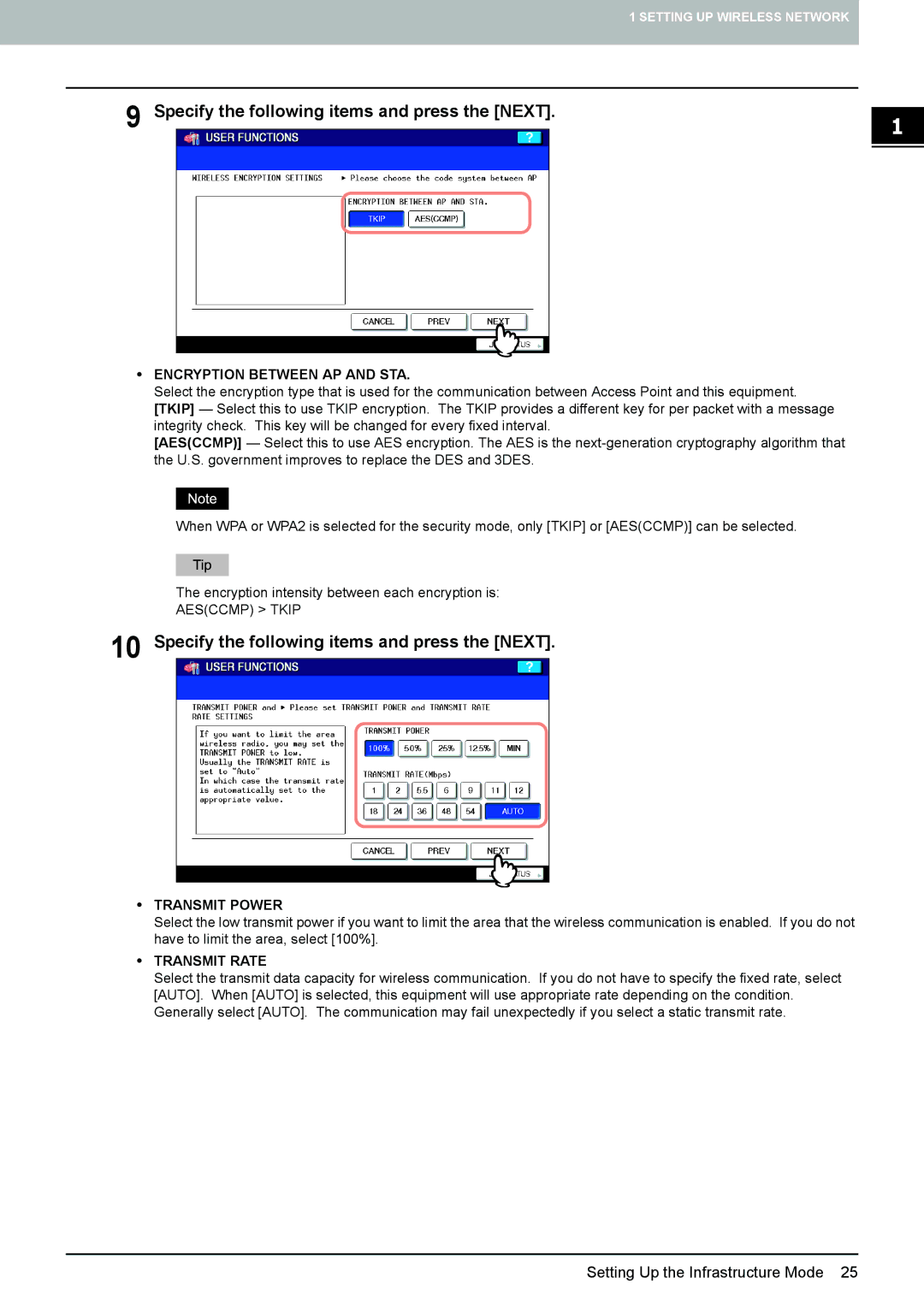 Toshiba GN-1050 manual Encryption Between AP and STA, Transmit Power, Transmit Rate 