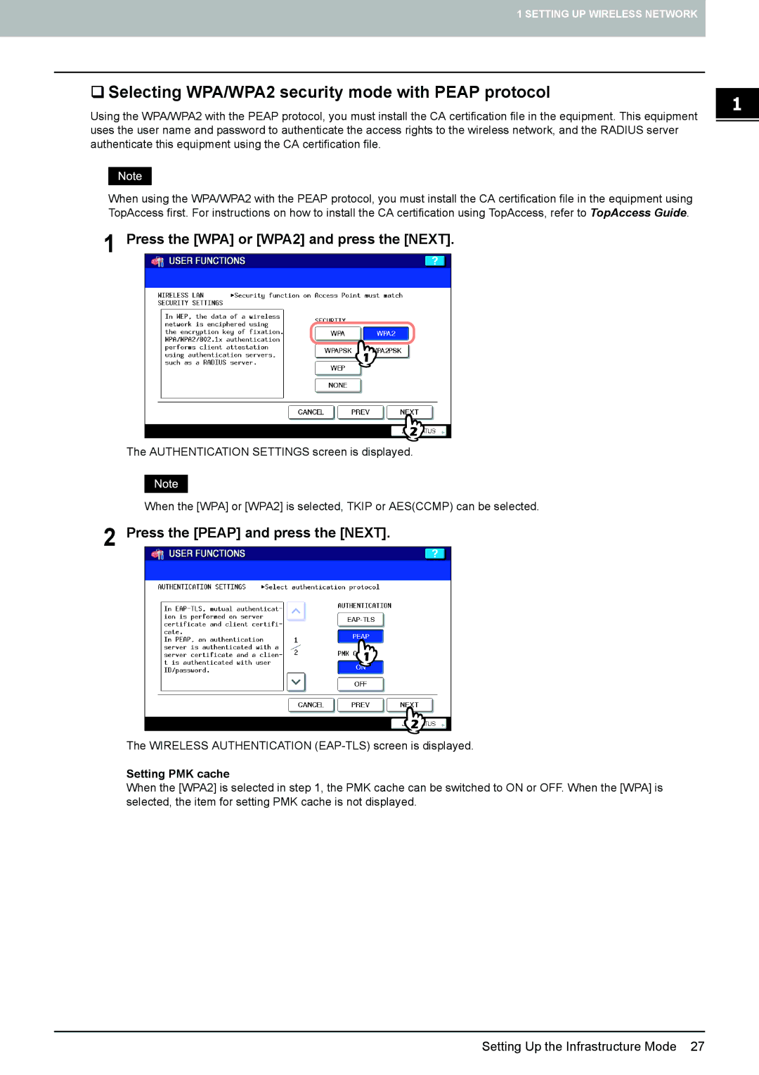 Toshiba GN-1050 manual ‰ Selecting WPA/WPA2 security mode with Peap protocol, Press the Peap and press the Next 