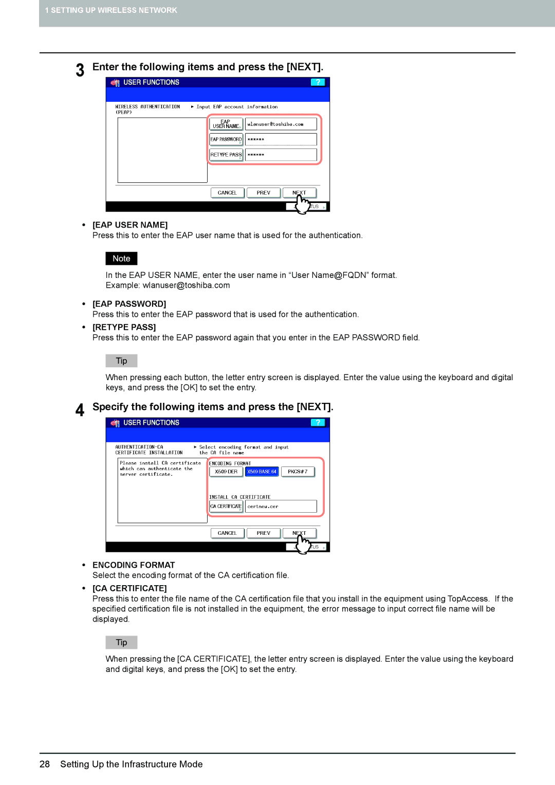 Toshiba GN-1050 manual Enter the following items and press the Next, EAP User Name, EAP Password, Retype Pass 