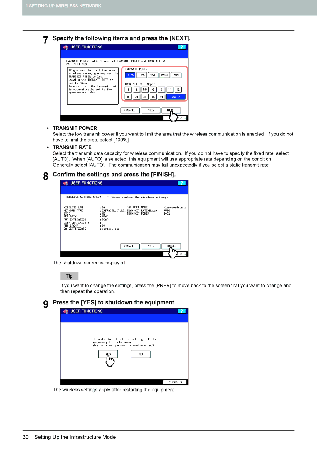 Toshiba GN-1050 manual Confirm the settings and press the Finish 