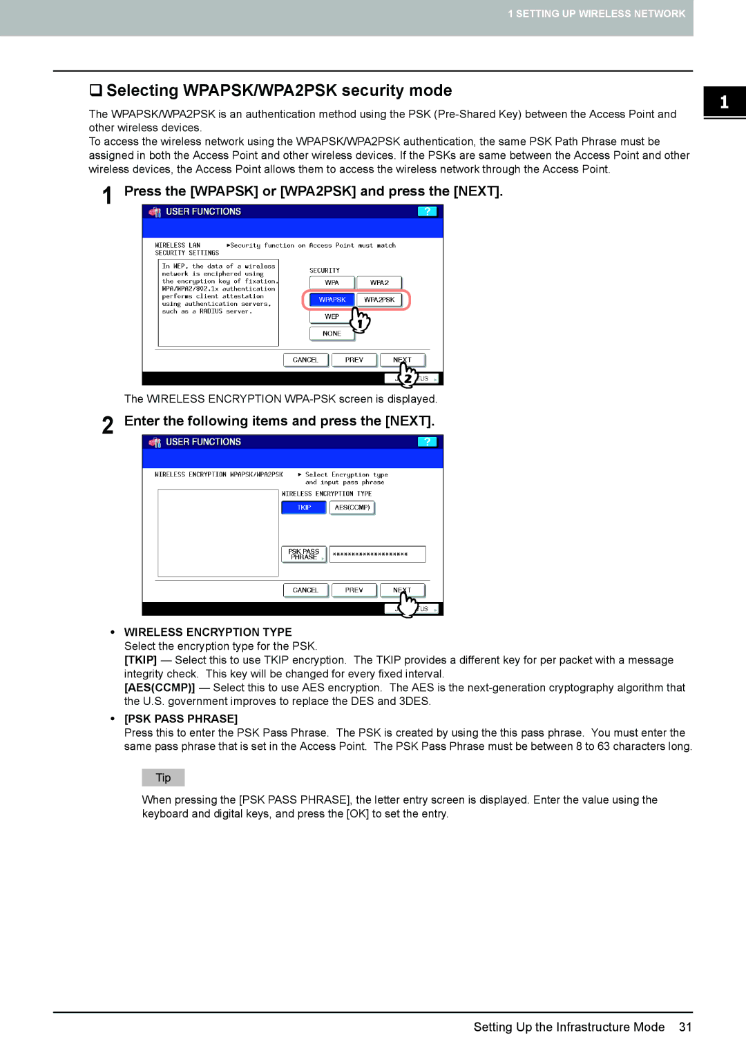 Toshiba GN-1050 ‰ Selecting WPAPSK/WPA2PSK security mode, Press the Wpapsk or WPA2PSK and press the Next, PSK Pass Phrase 