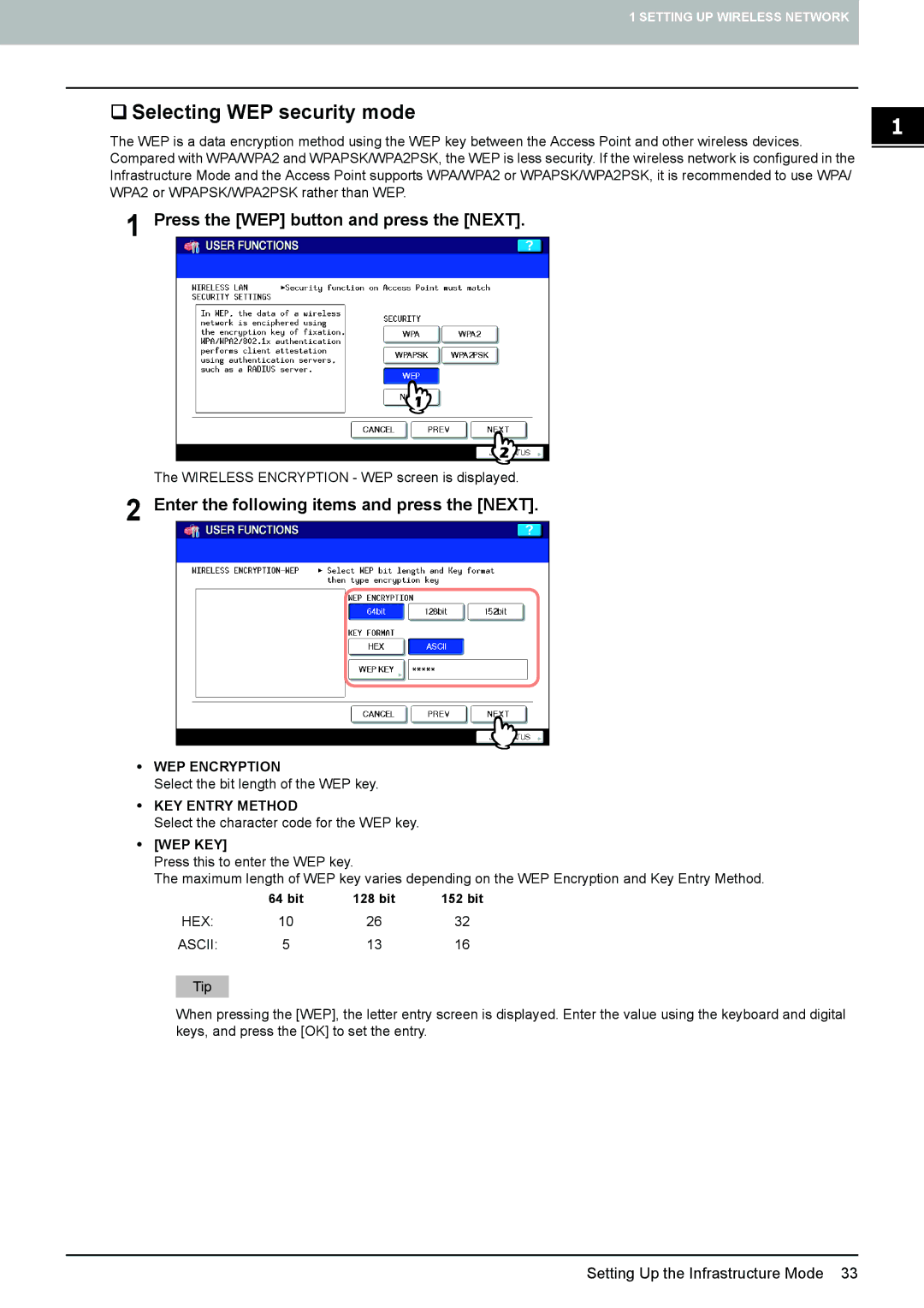 Toshiba GN-1050 ‰ Selecting WEP security mode, Press the WEP button and press the Next, WEP Encryption, KEY Entry Method 