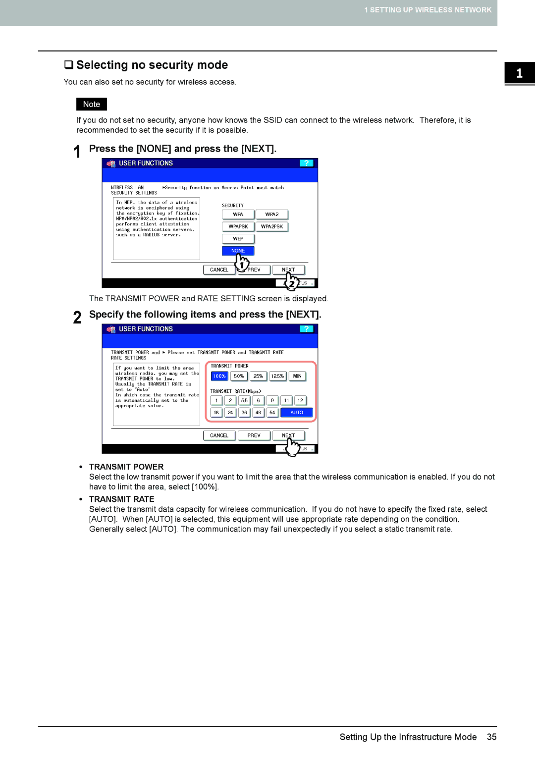 Toshiba GN-1050 manual ‰ Selecting no security mode, Press the None and press the Next 