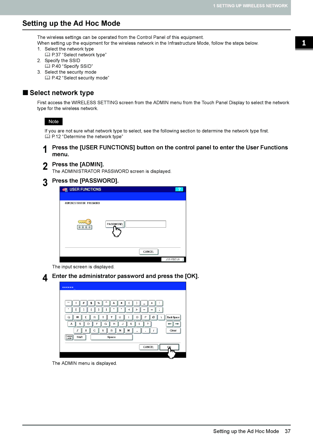 Toshiba GN-1050 manual Setting up the Ad Hoc Mode, „ Select network type 