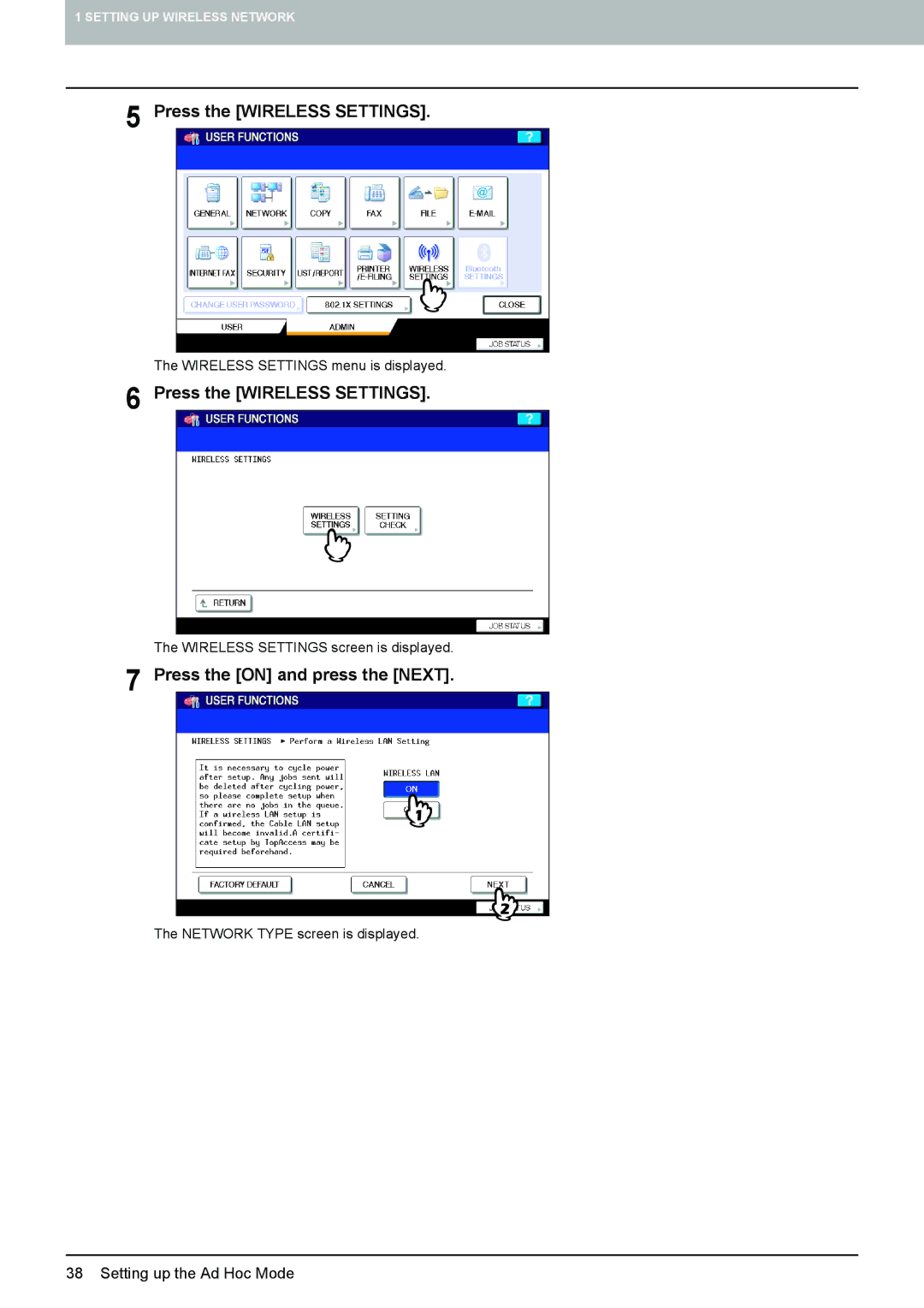 Toshiba GN-1050 manual Wireless Settings screen is displayed 