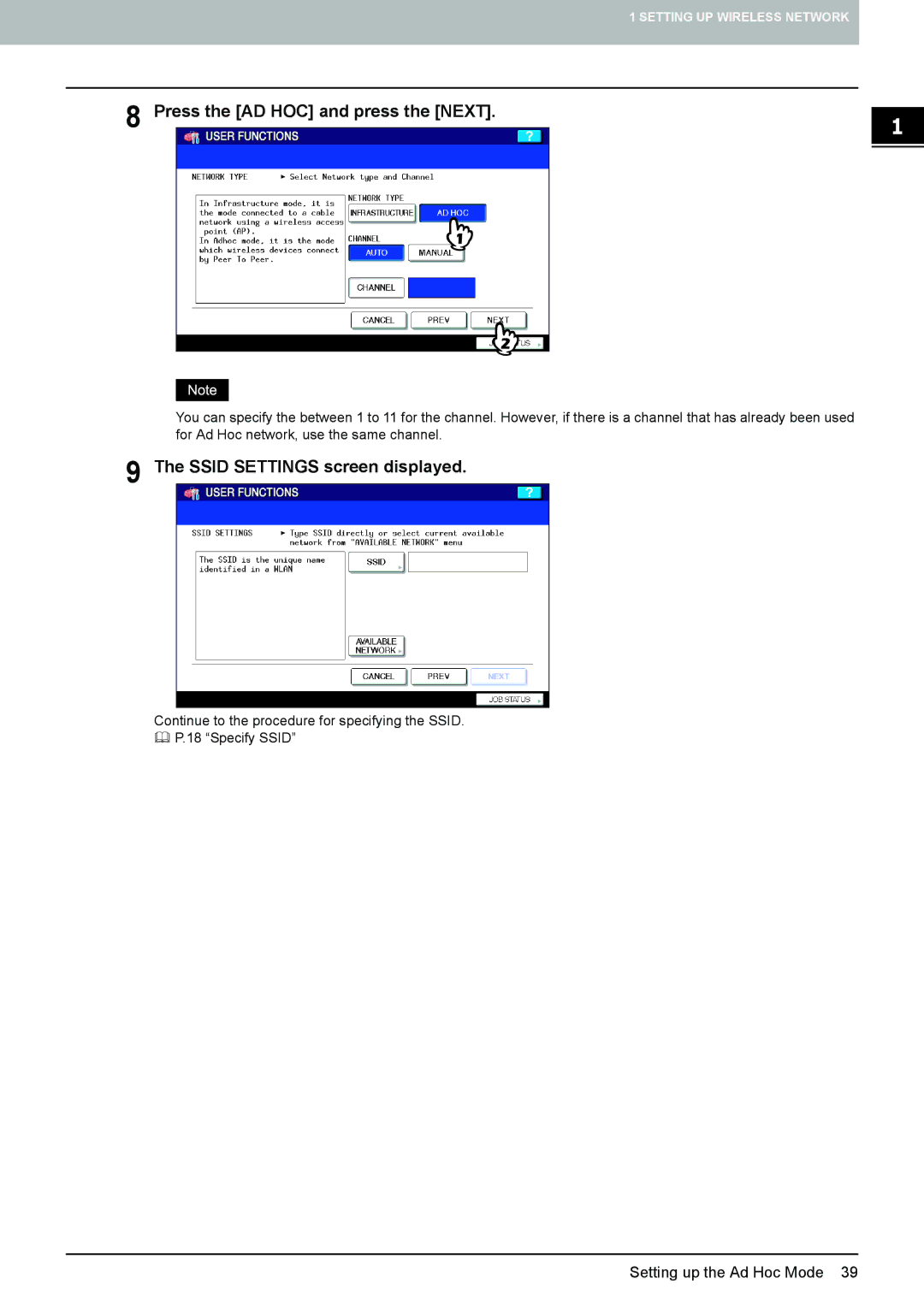 Toshiba GN-1050 manual Press the AD HOC and press the Next, Ssid Settings screen displayed 