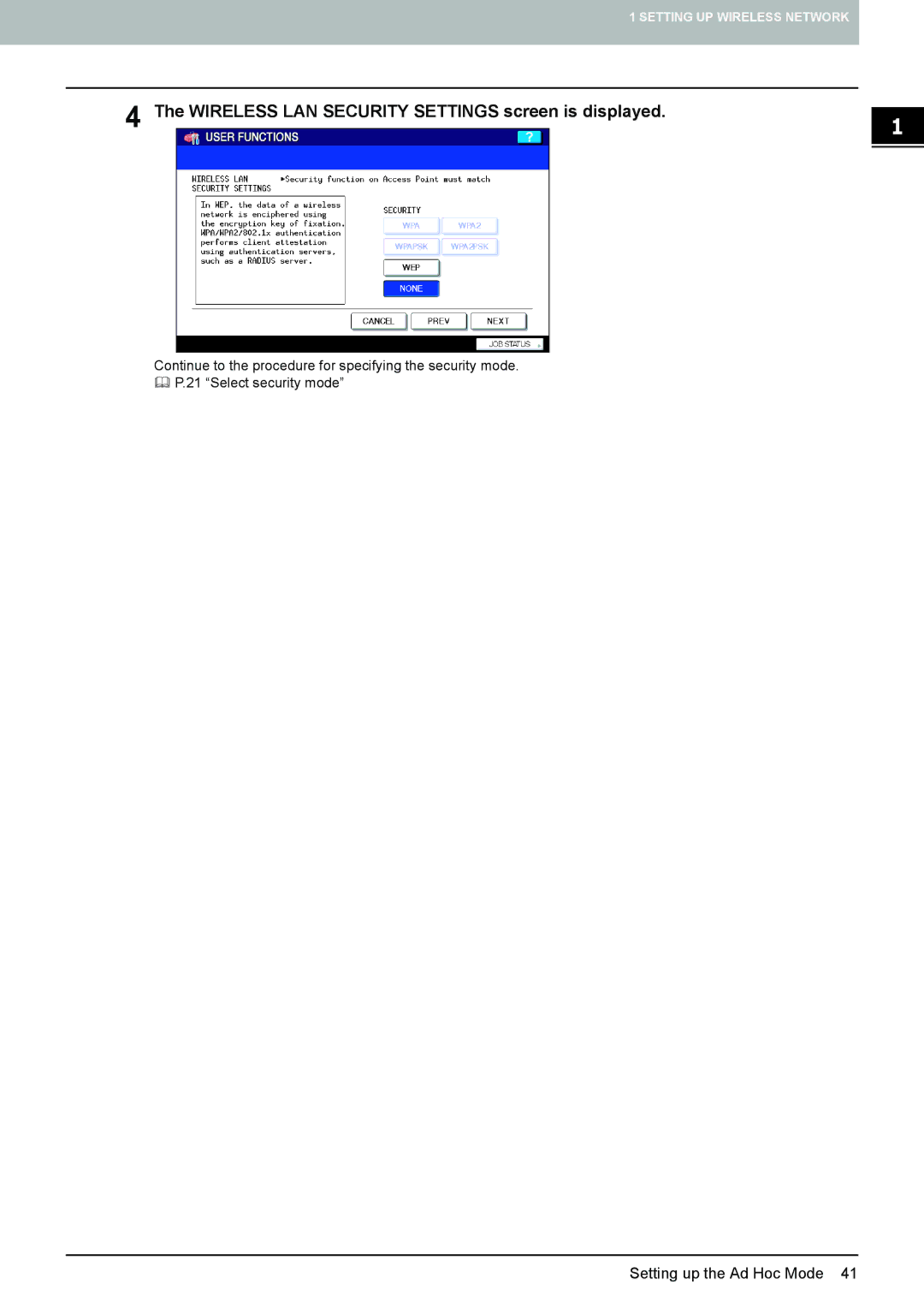 Toshiba GN-1050 manual Wireless LAN Security Settings screen is displayed 