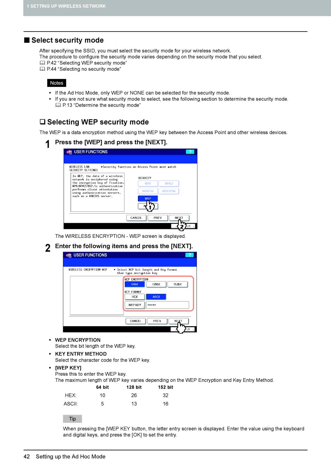 Toshiba GN-1050 manual „ Select security mode, Press the WEP and press the Next 